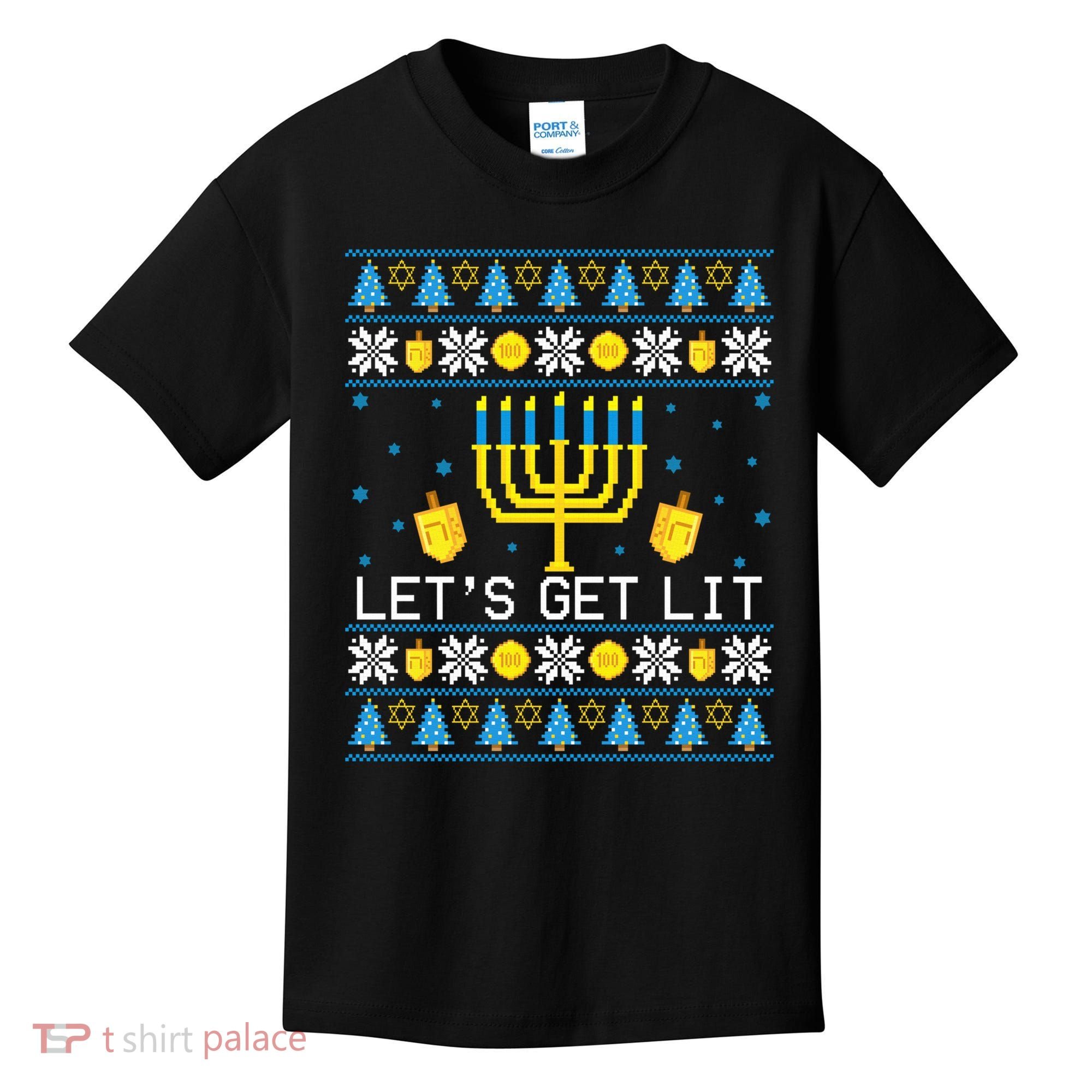 Hanukkah Let's Get Lit Jewish Ugly Sweater Channukah Menorah Kids T-Shirt