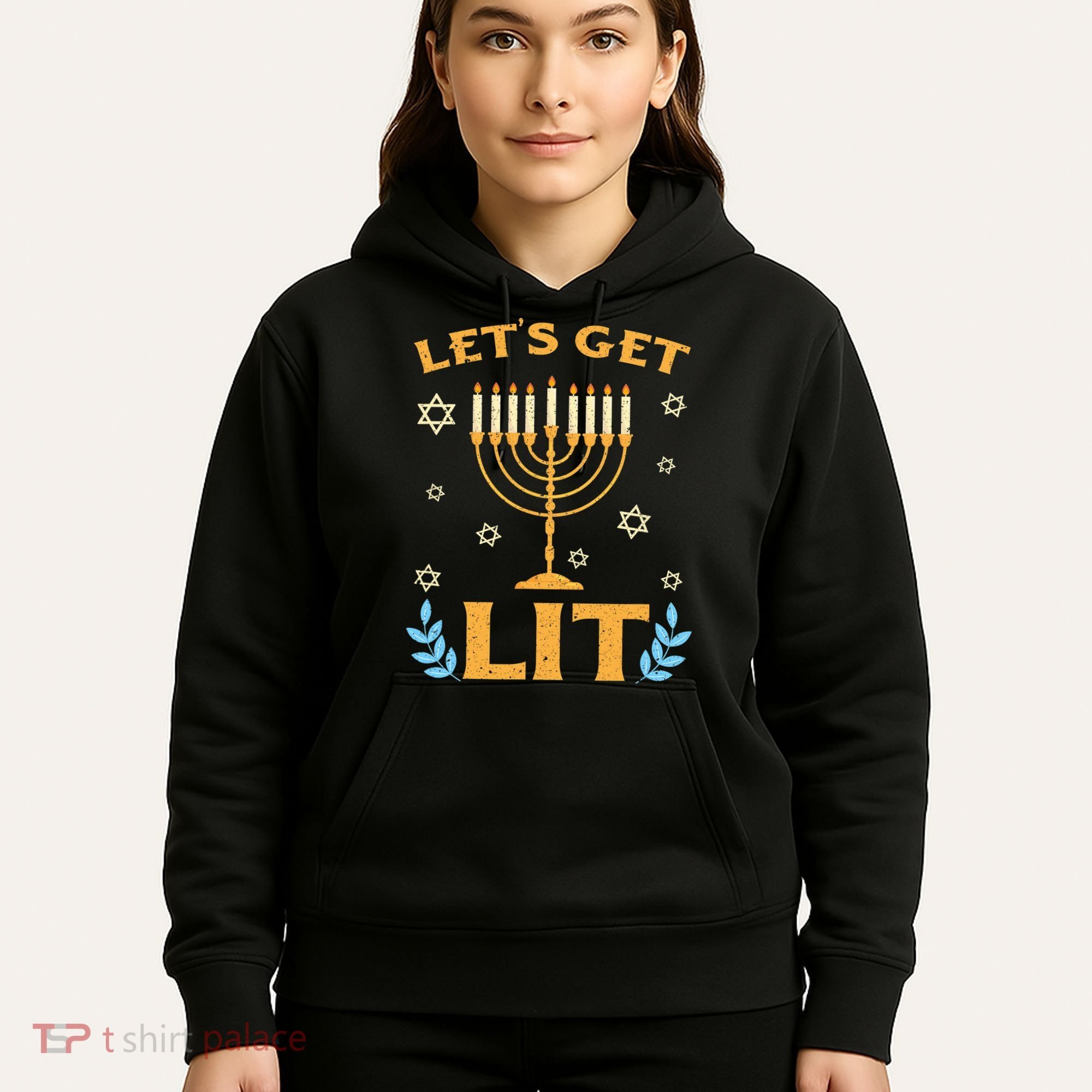 Hanukkah Lets Get Lit Menorah Funny Hebrew Jewish Hoodie