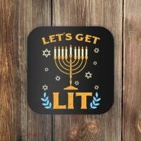 Hanukkah Lets Get Lit Menorah Funny Hebrew Jewish Coaster thumb 0