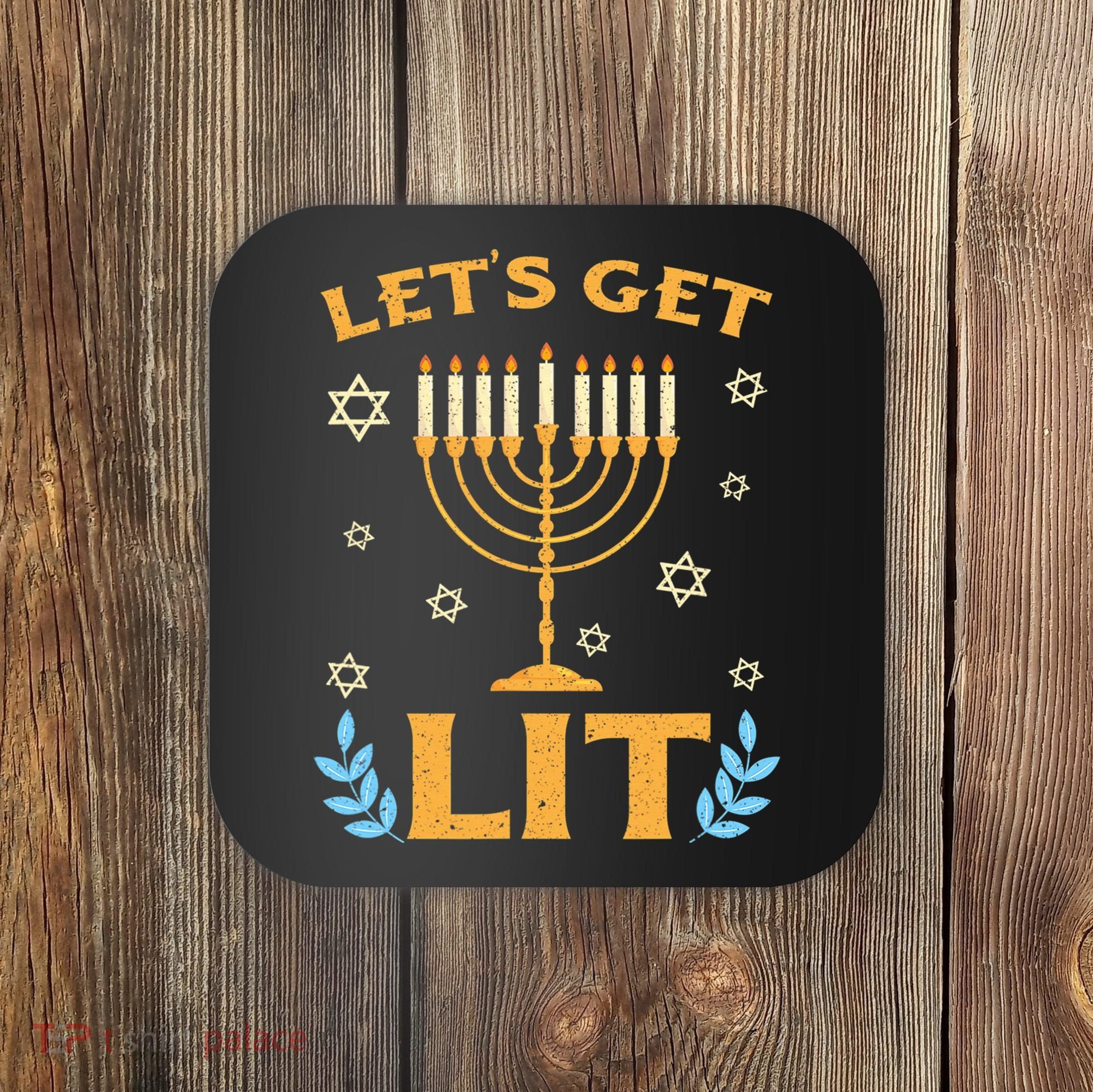 Hanukkah Lets Get Lit Menorah Funny Hebrew Jewish Coaster
