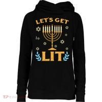 Hanukkah Lets Get Lit Menorah Funny Hebrew Jewish Womens Funnel Neck Pullover Hood thumb 0