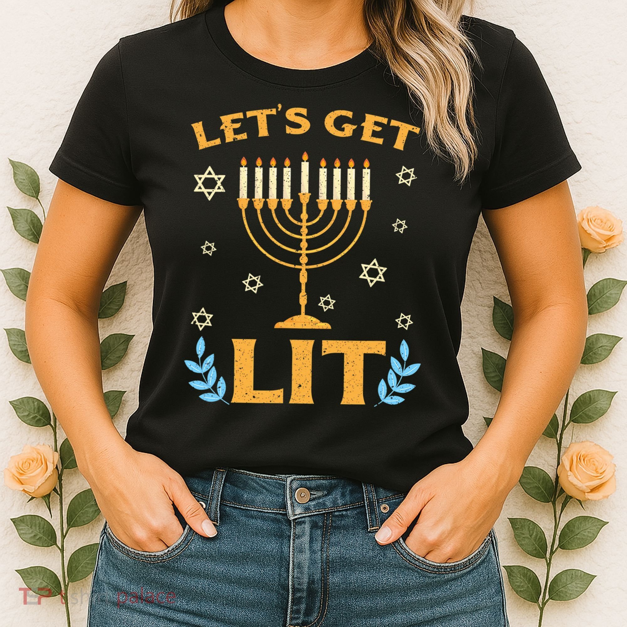 Hanukkah Lets Get Lit Menorah Funny Hebrew Jewish Women's T-Shirt