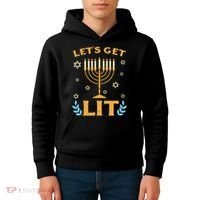 Hanukkah Lets Get Lit Menorah Funny Hebrew Jewish Kids Hoodie thumb 4
