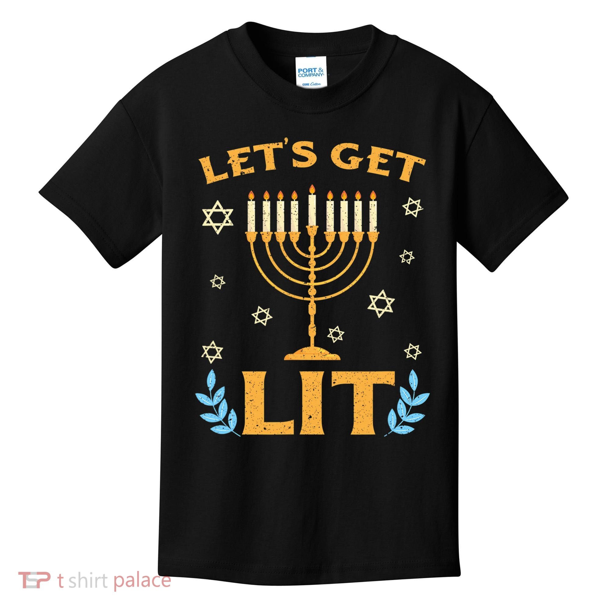 Hanukkah Lets Get Lit Menorah Funny Hebrew Jewish Kids T-Shirt