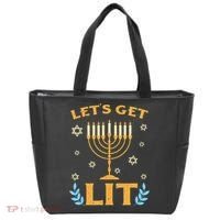 Hanukkah Lets Get Lit Menorah Funny Hebrew Jewish Tote Bag thumb 0
