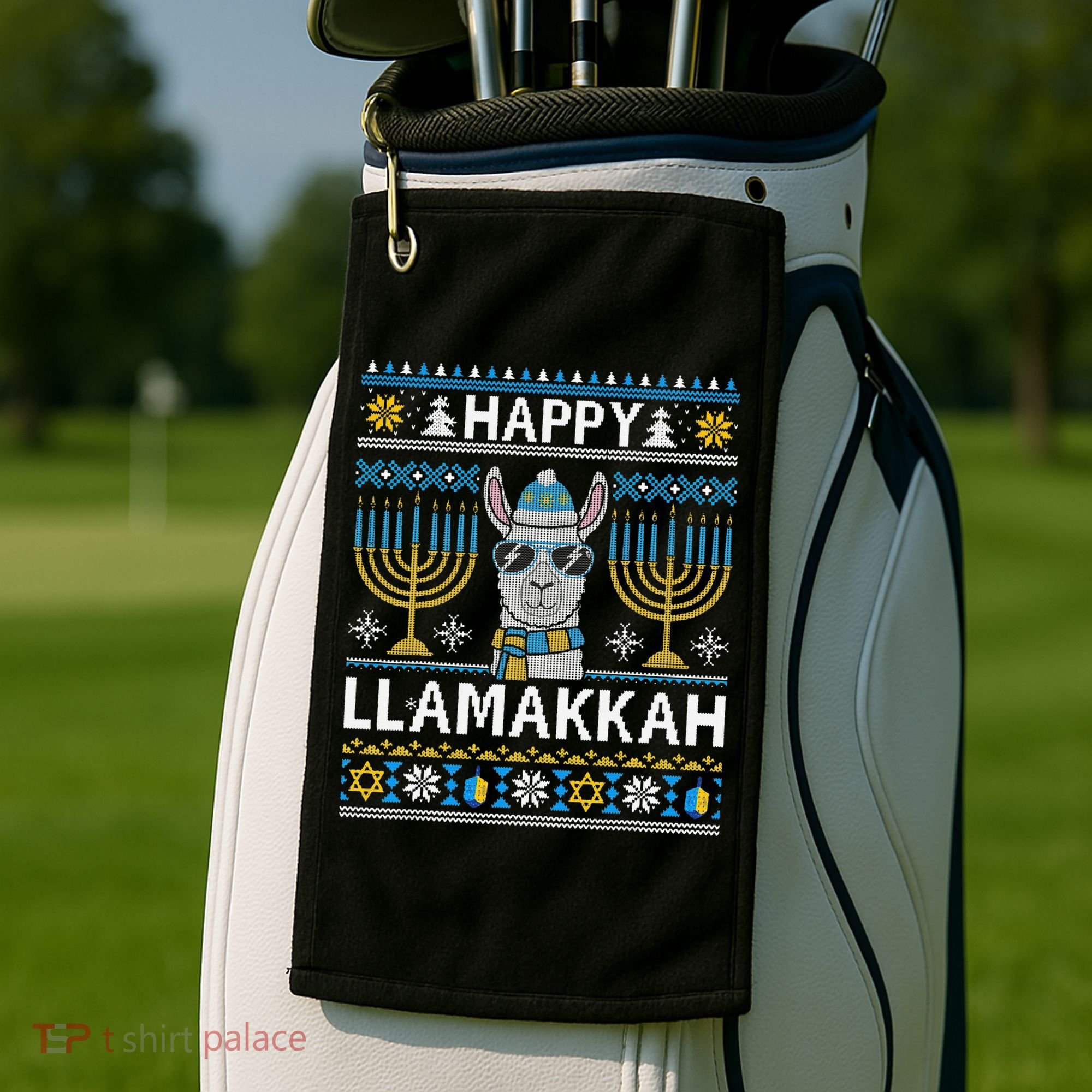 Happy Llamakkah Hanukkah Llama Menorah Chanukah Alpaca Gift Golf Towel
