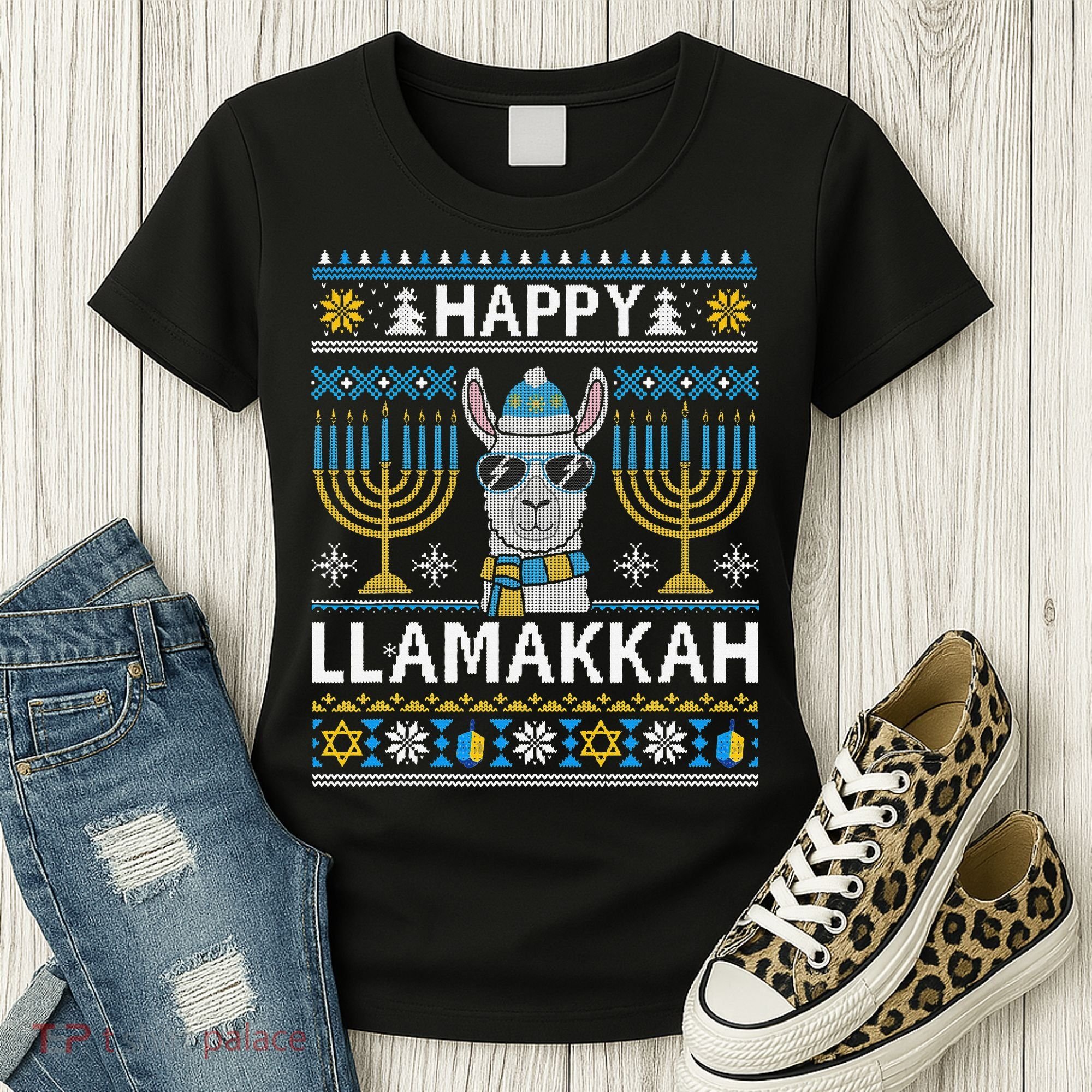 Happy Llamakkah Hanukkah Llama Menorah Chanukah Alpaca Gift Women's T-Shirt
