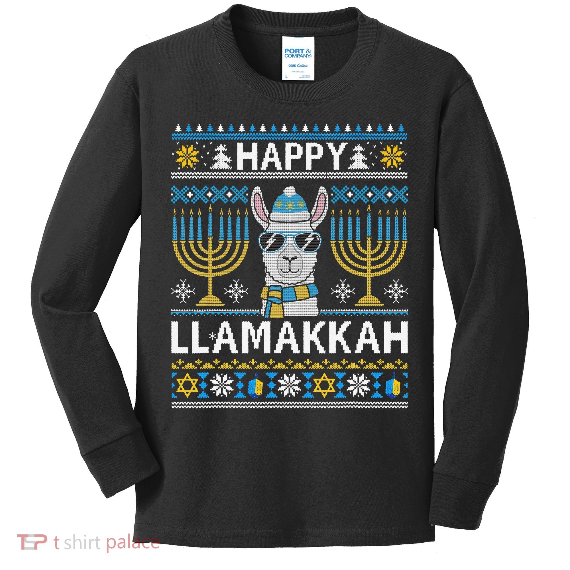 Happy Llamakkah Hanukkah Llama Menorah Chanukah Alpaca Gift Kids Long Sleeve Shirt