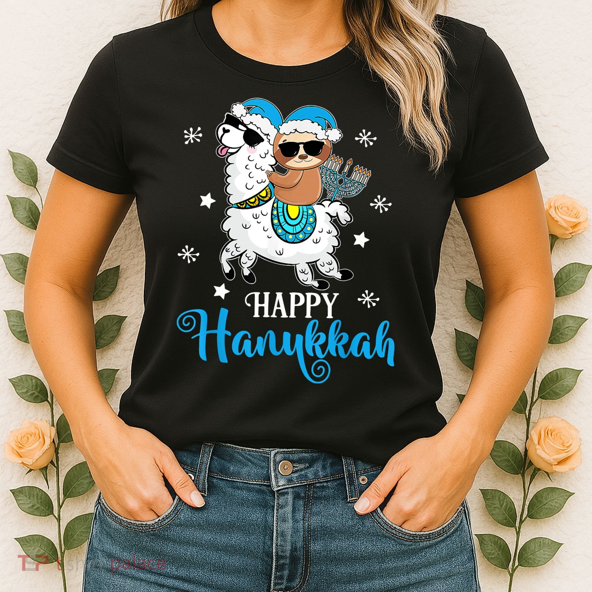 Hanukkah Llamakah Llama Sloth Happy Hanukkah Chanukah Women's T-Shirt