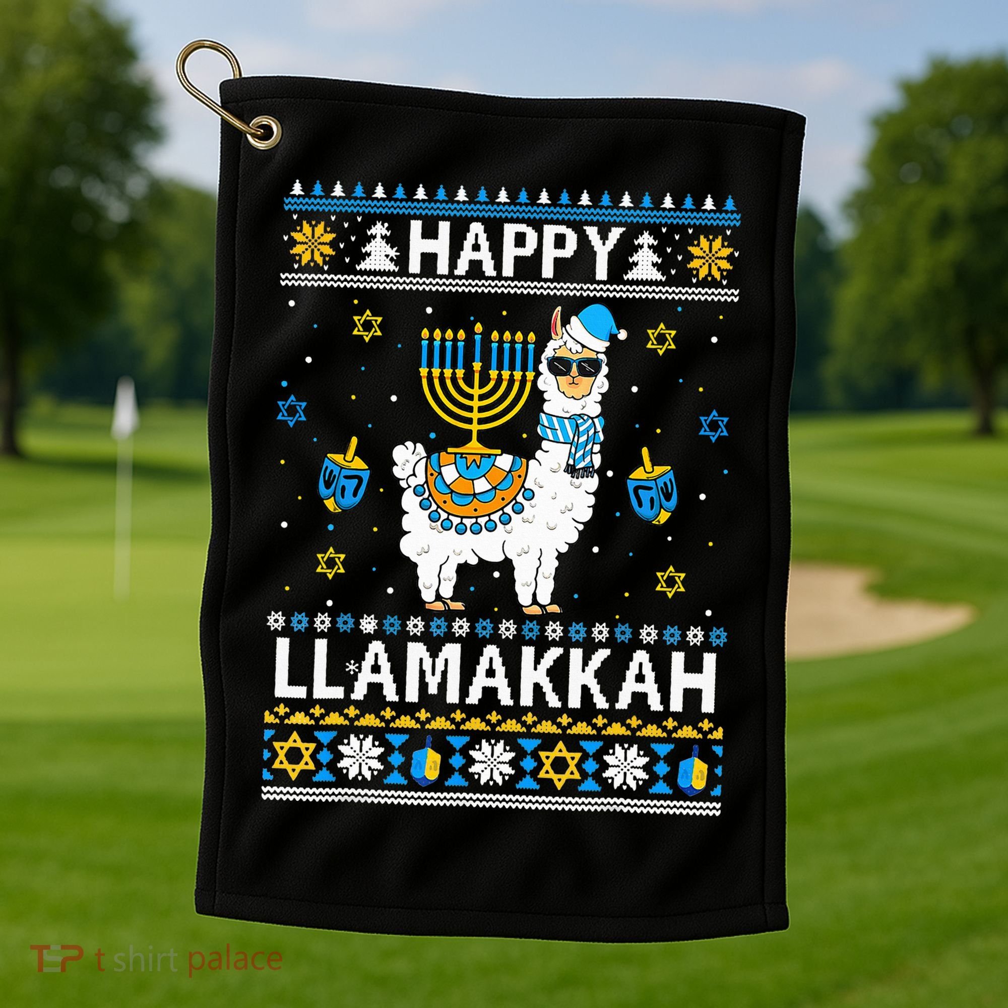 Happy Llamakkah Llama Alpaca Hanukkah Ugly Sweater Chanukah  Golf Towel