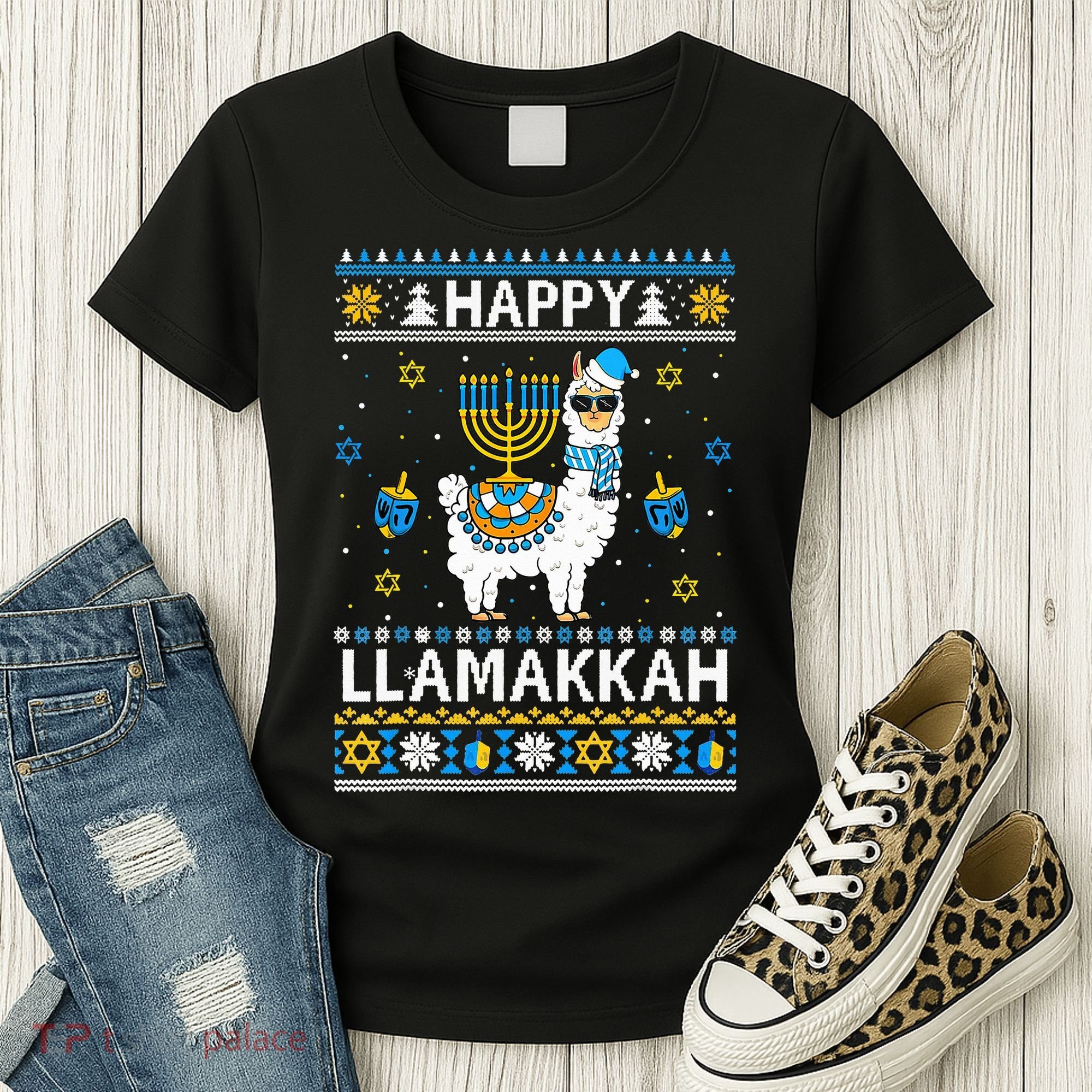 Happy Llamakkah Llama Alpaca Hanukkah Ugly Sweater Chanukah  Women's T-Shirt
