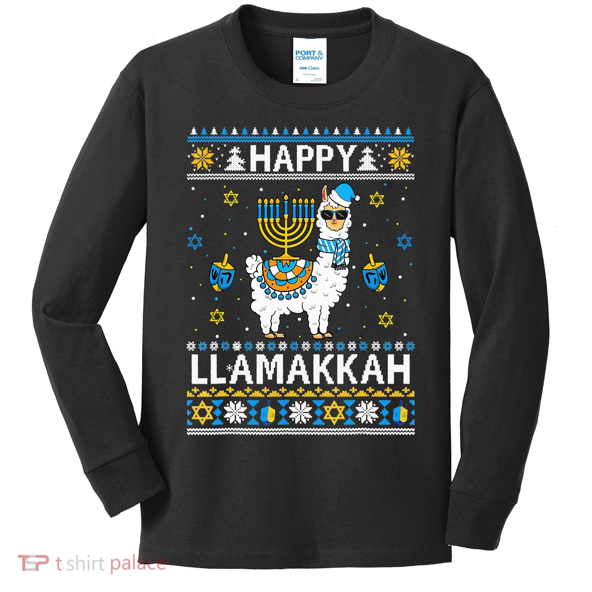 Happy Llamakkah Llama Alpaca Hanukkah Ugly Sweater Chanukah  Kids Long Sleeve Shirt