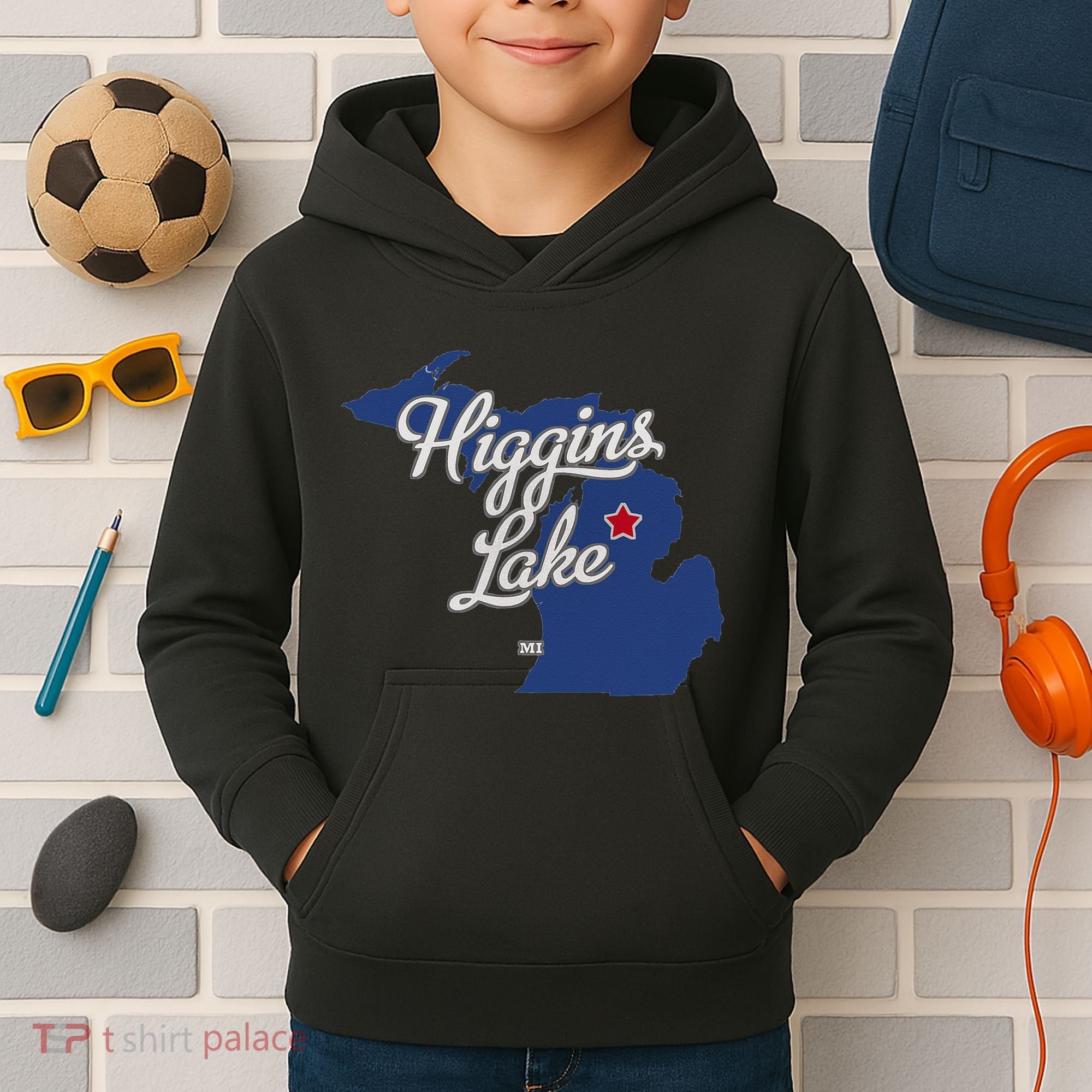 Higgins Lake Michigan MI Map Kids Hoodie