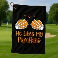 He Likes My Pumpkins Matching Couples Pumpkin Halloween Golf Towel thumb 1