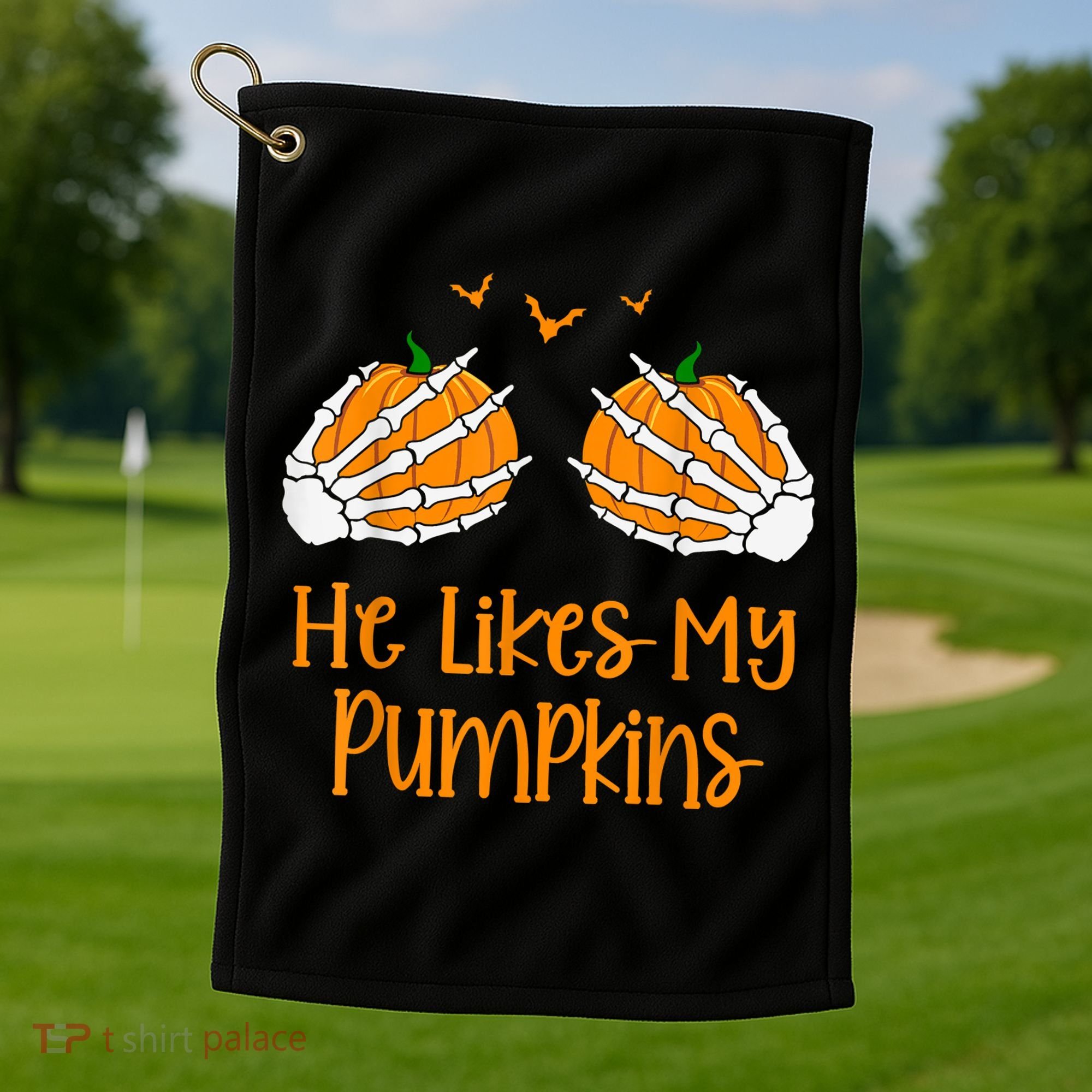 He Likes My Pumpkins Matching Couples Pumpkin Halloween Golf Towel