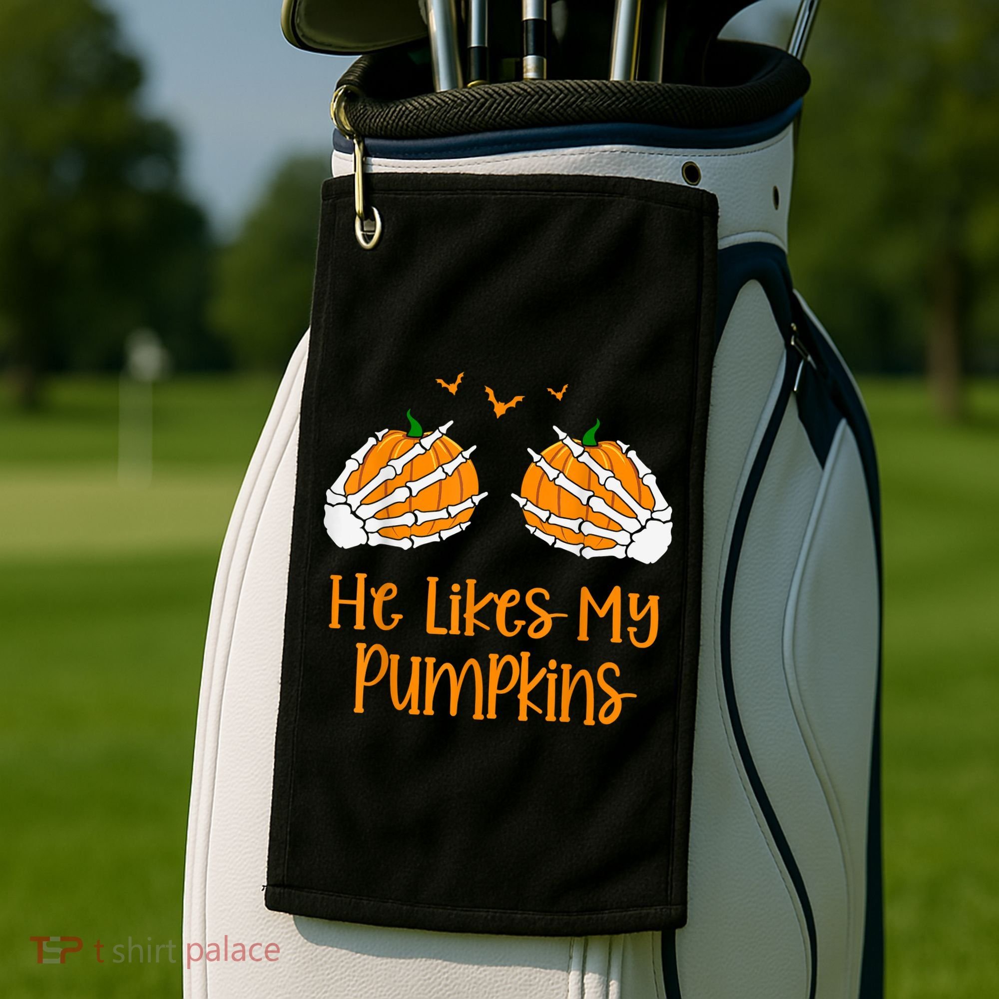He Likes My Pumpkins Matching Couples Pumpkin Halloween Golf Towel