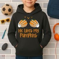 He Likes My Pumpkins Matching Couples Pumpkin Halloween Kids Hoodie thumb 2