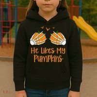 He Likes My Pumpkins Matching Couples Pumpkin Halloween Kids Hoodie thumb 3