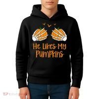 He Likes My Pumpkins Matching Couples Pumpkin Halloween Kids Hoodie thumb 4