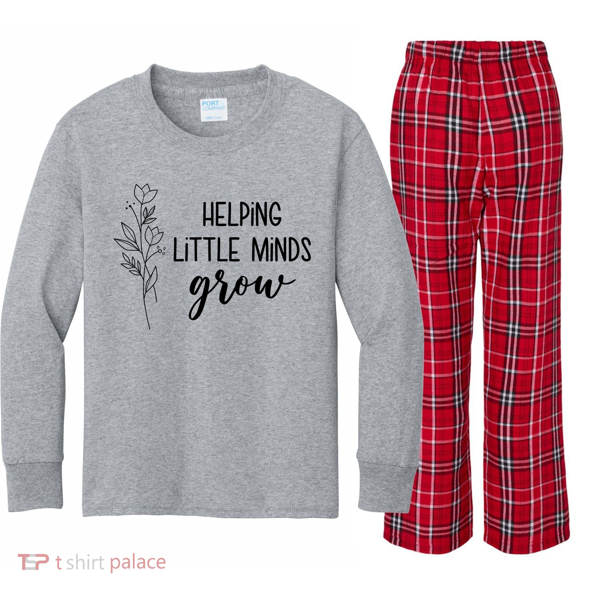 Helping Little Minds Grow Educator Teacher Kids Long Sleeve Plaid Pajama Set