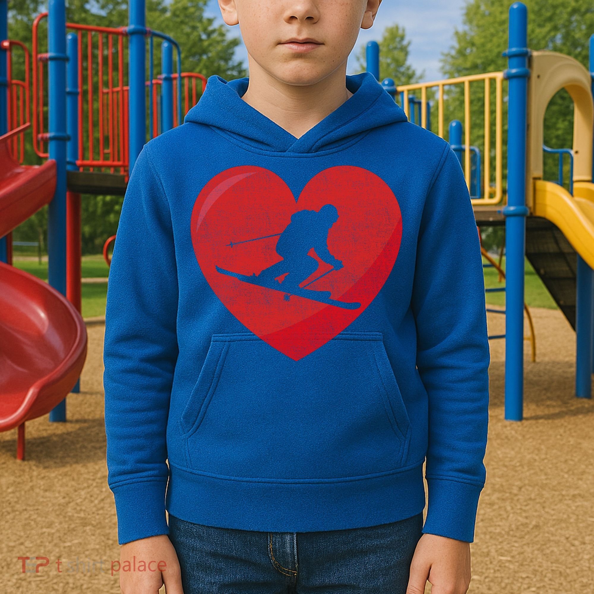 Heart Lover Skiing Gift Valentines Day Cute Gift Kids Hoodie