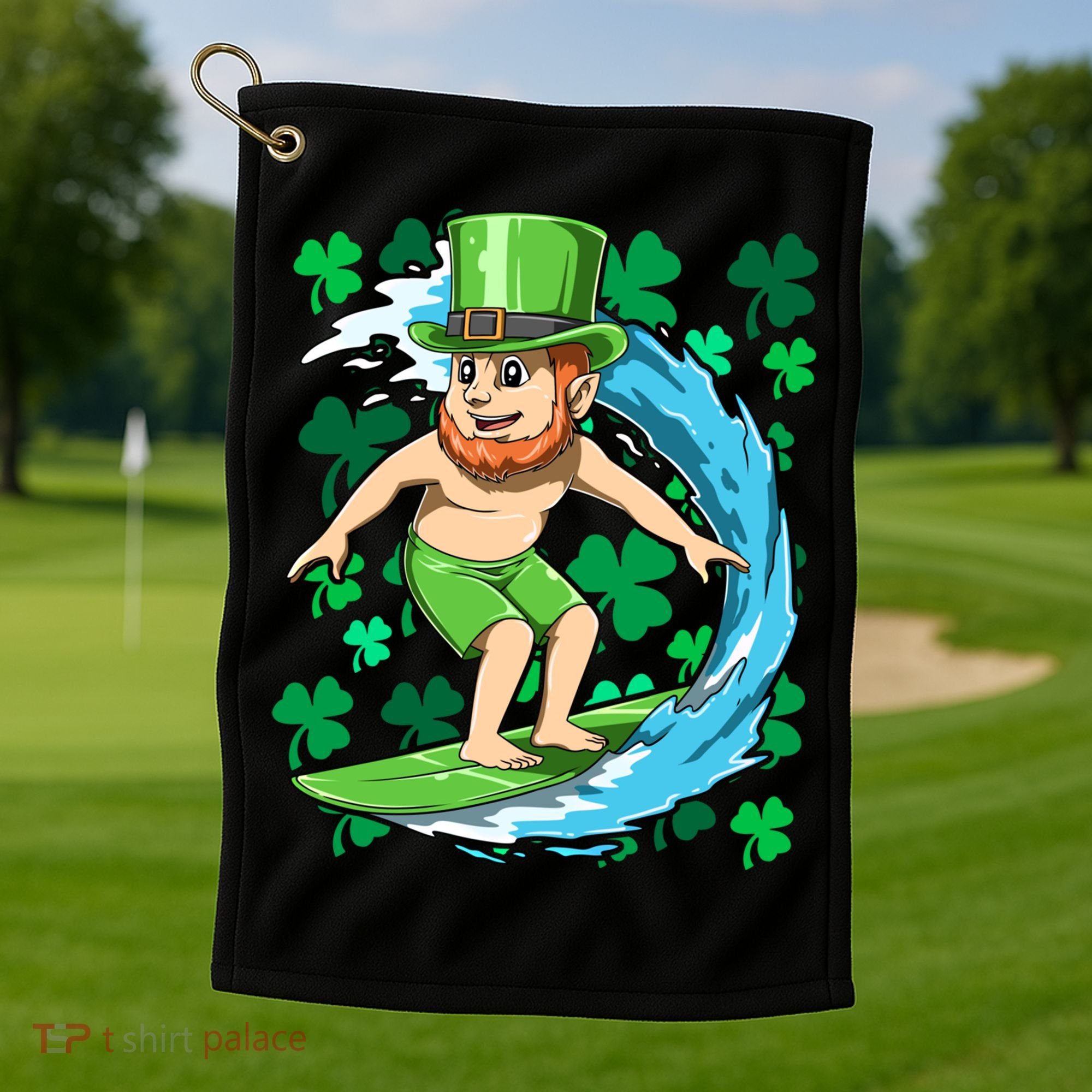 Hawaiian Leprechaun Surfing Irish St Patrick's Day Surfers Gift Golf Towel