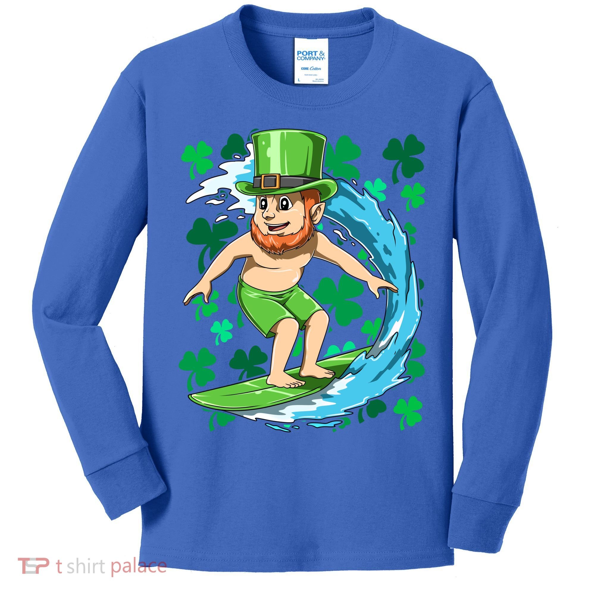 Hawaiian Leprechaun Surfing Irish St Patrick's Day Surfers Gift Kids Long Sleeve Shirt