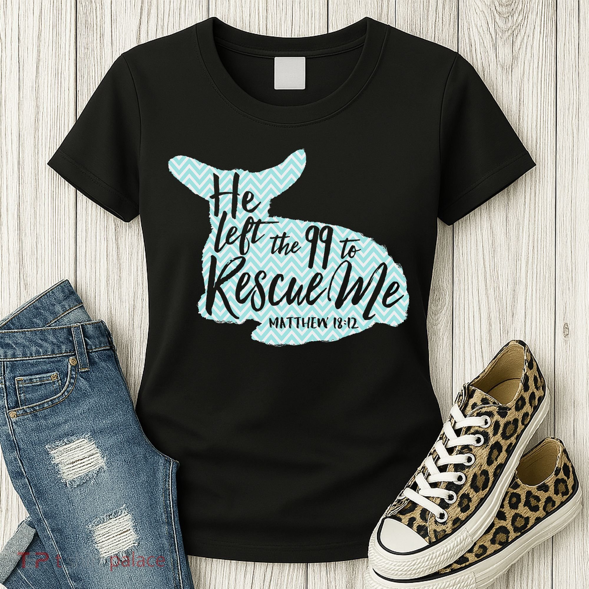 He Left The 99 To Rescue Me Green Chevron Christian Women's T-Shirt