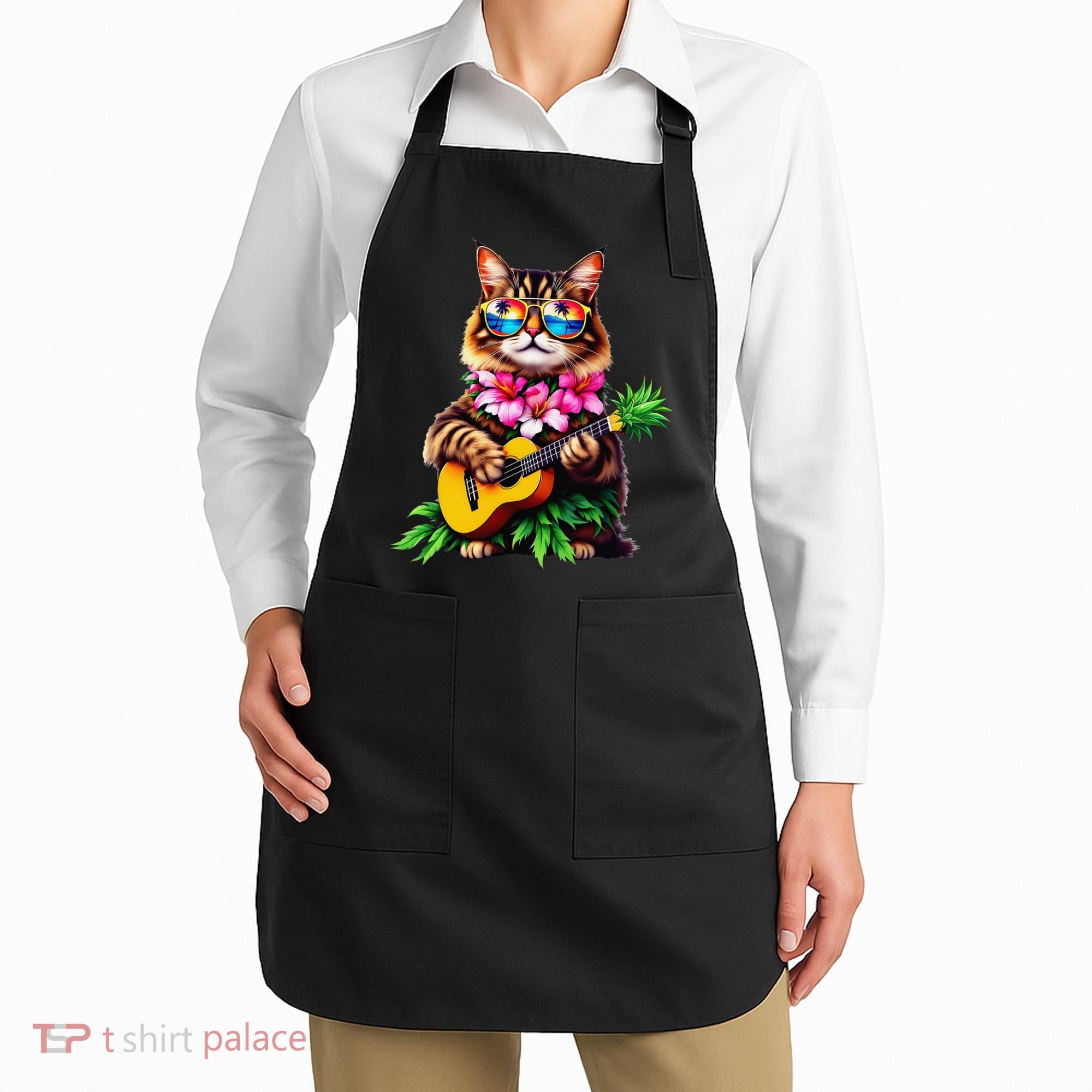 Hawaiian Maine Coon Cat Pineapple Ukulele Summer Vacation Apron