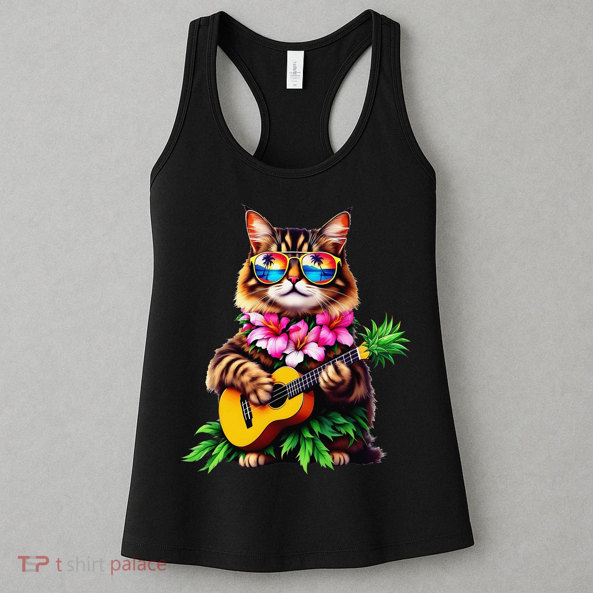 Hawaiian Maine Coon Cat Pineapple Ukulele Summer Vacation Women's Tank Top