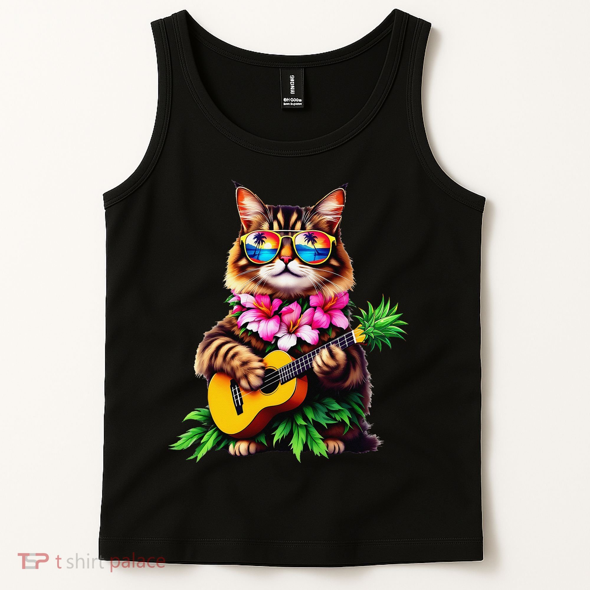 Hawaiian Maine Coon Cat Pineapple Ukulele Summer Vacation Tank Top