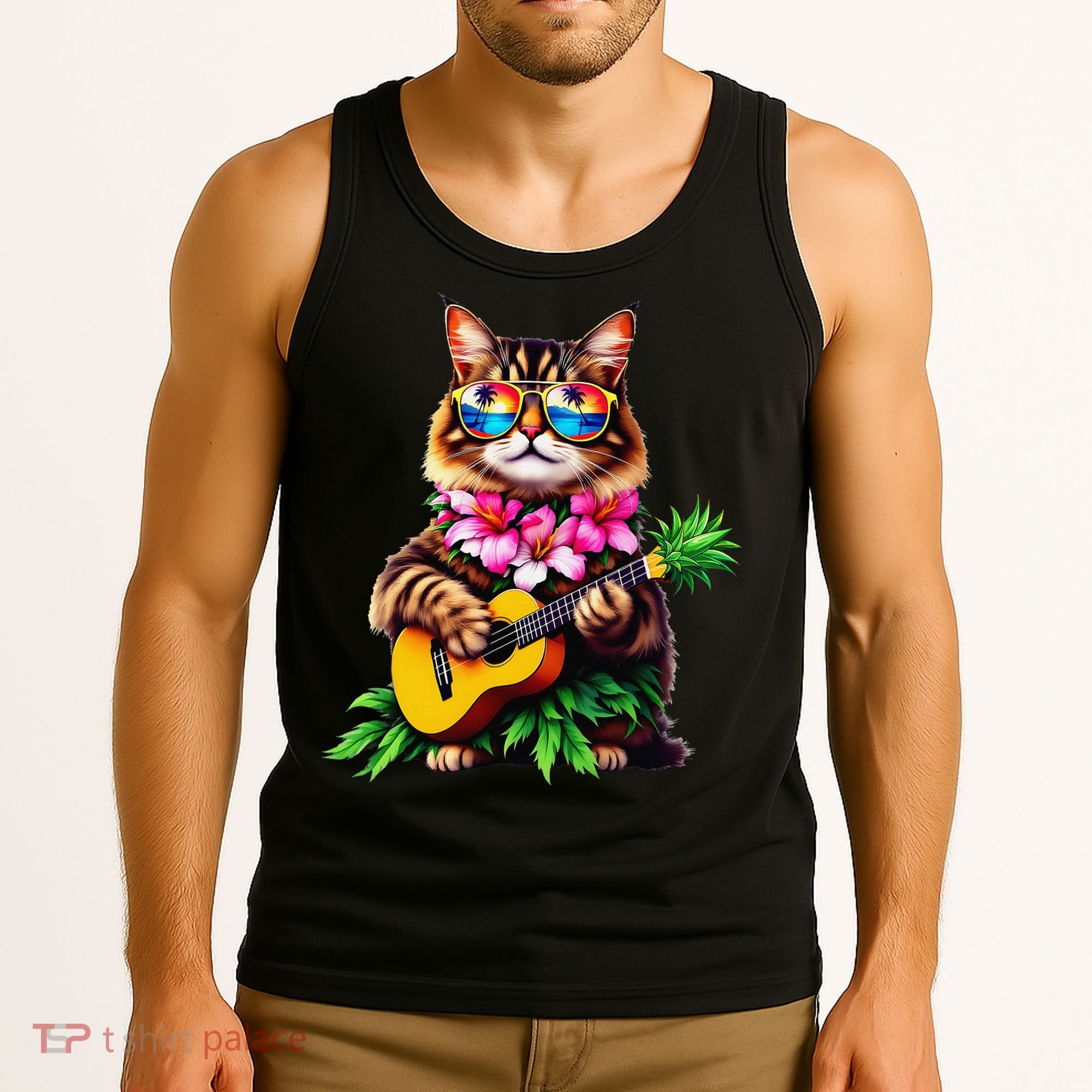 Hawaiian Maine Coon Cat Pineapple Ukulele Summer Vacation Tank Top