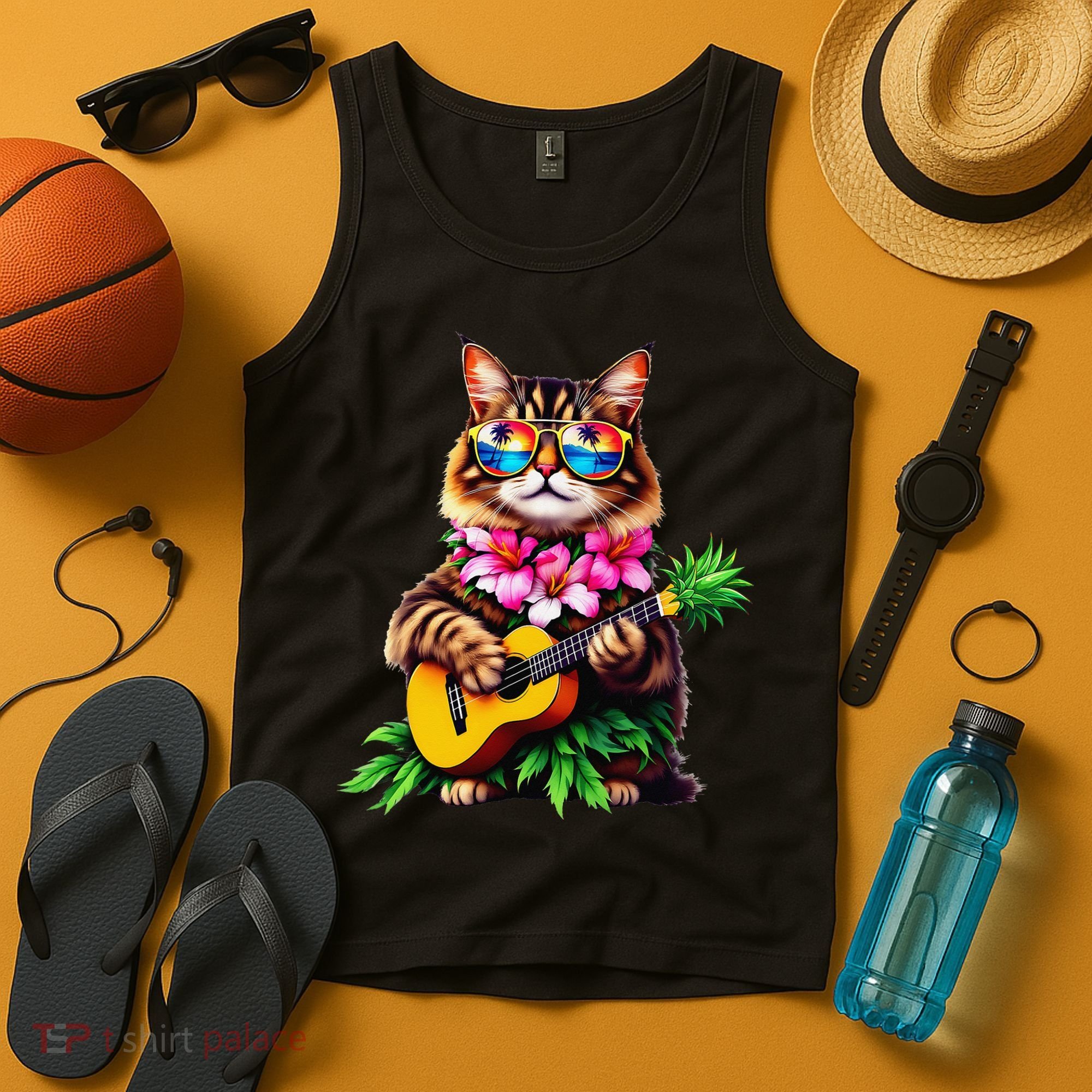 Hawaiian Maine Coon Cat Pineapple Ukulele Summer Vacation Tank Top