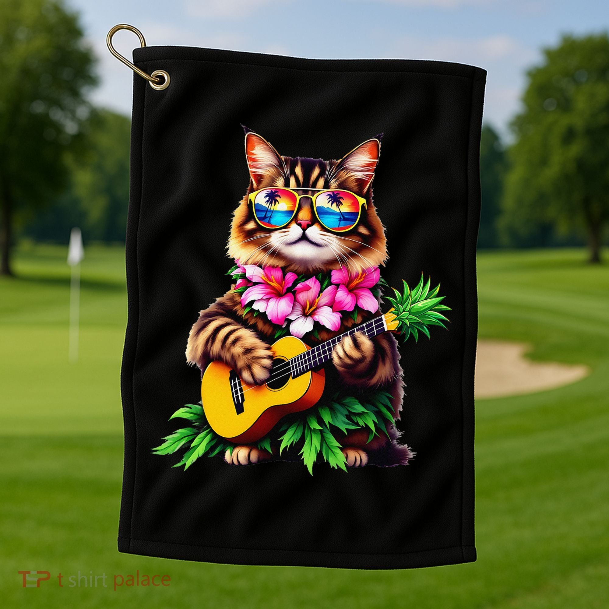 Hawaiian Maine Coon Cat Pineapple Ukulele Summer Vacation Golf Towel