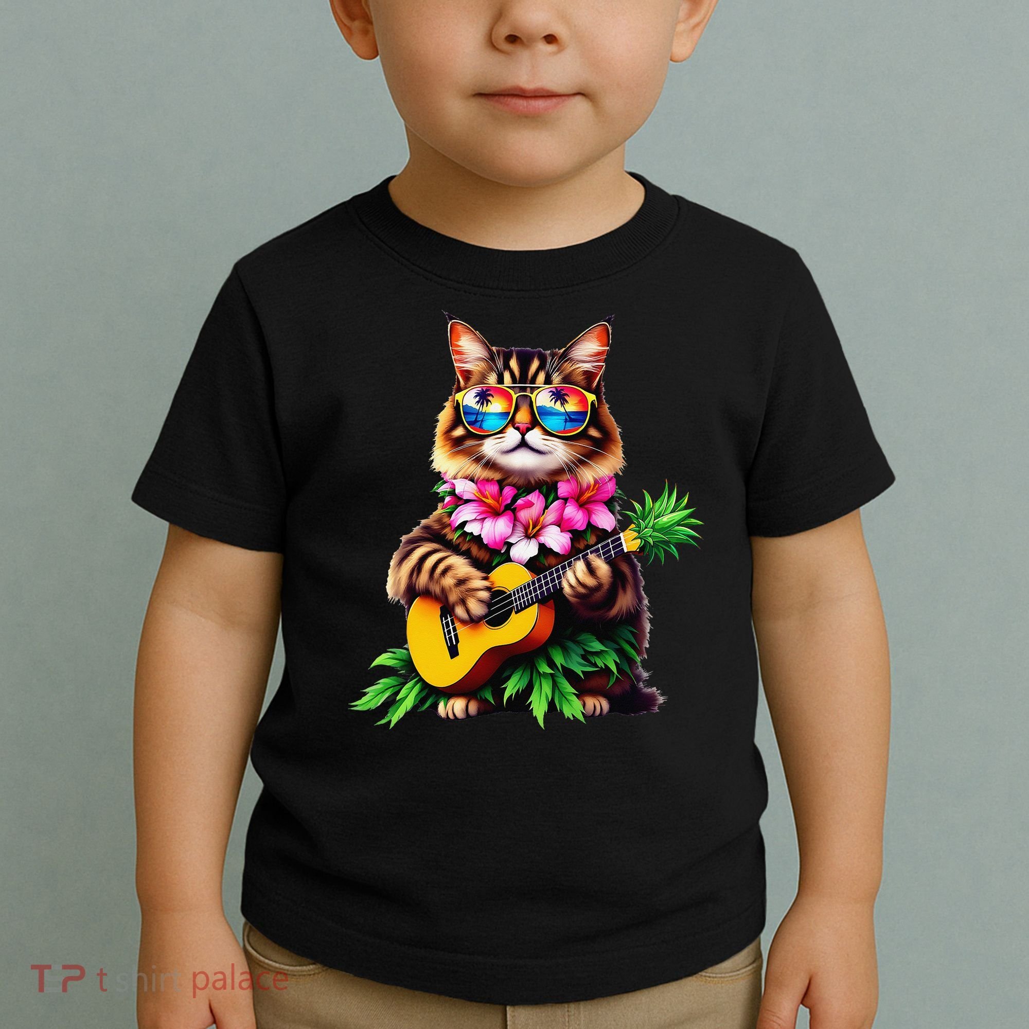 Hawaiian Maine Coon Cat Pineapple Ukulele Summer Vacation Toddler T-Shirt