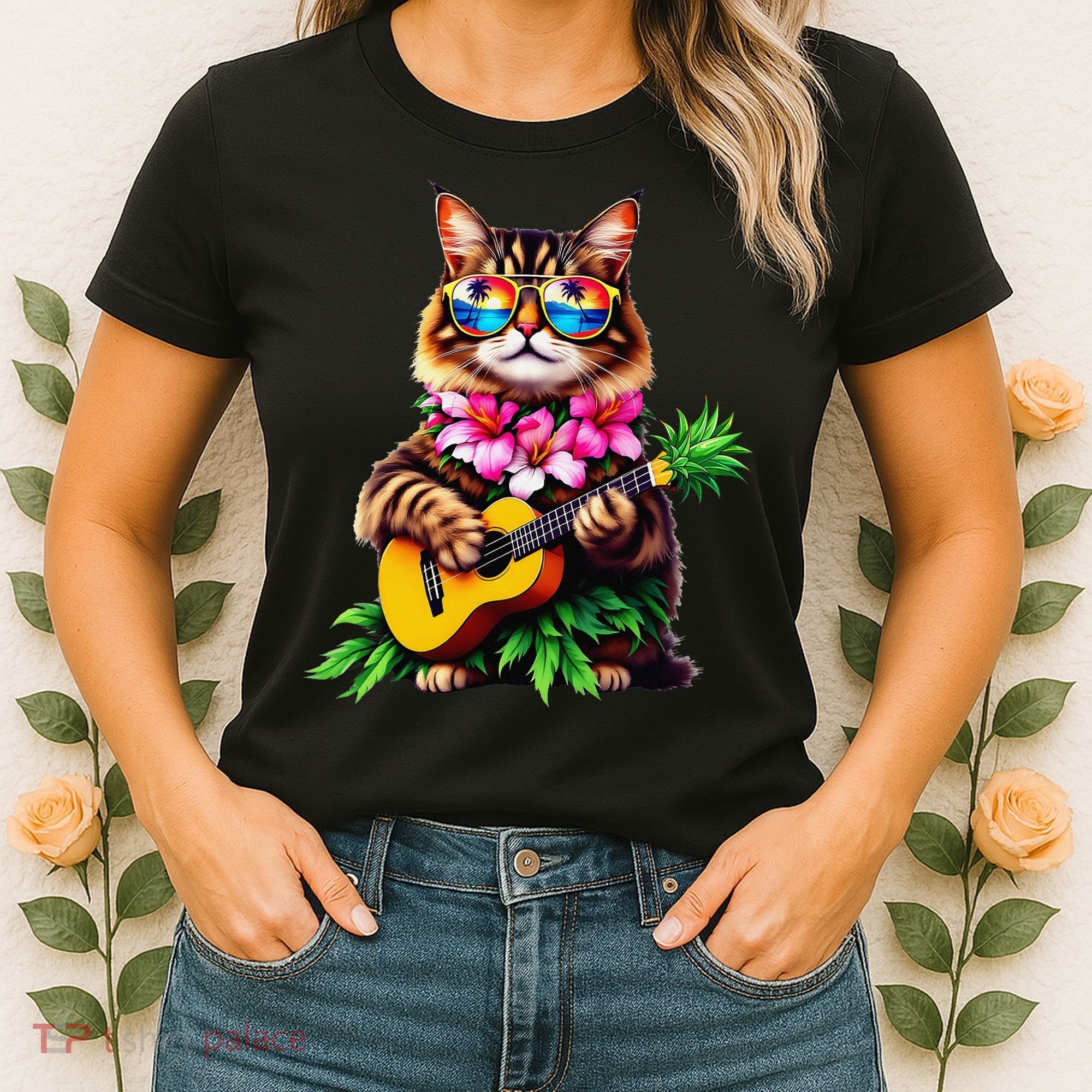 Hawaiian Maine Coon Cat Pineapple Ukulele Summer Vacation Women's T-Shirt