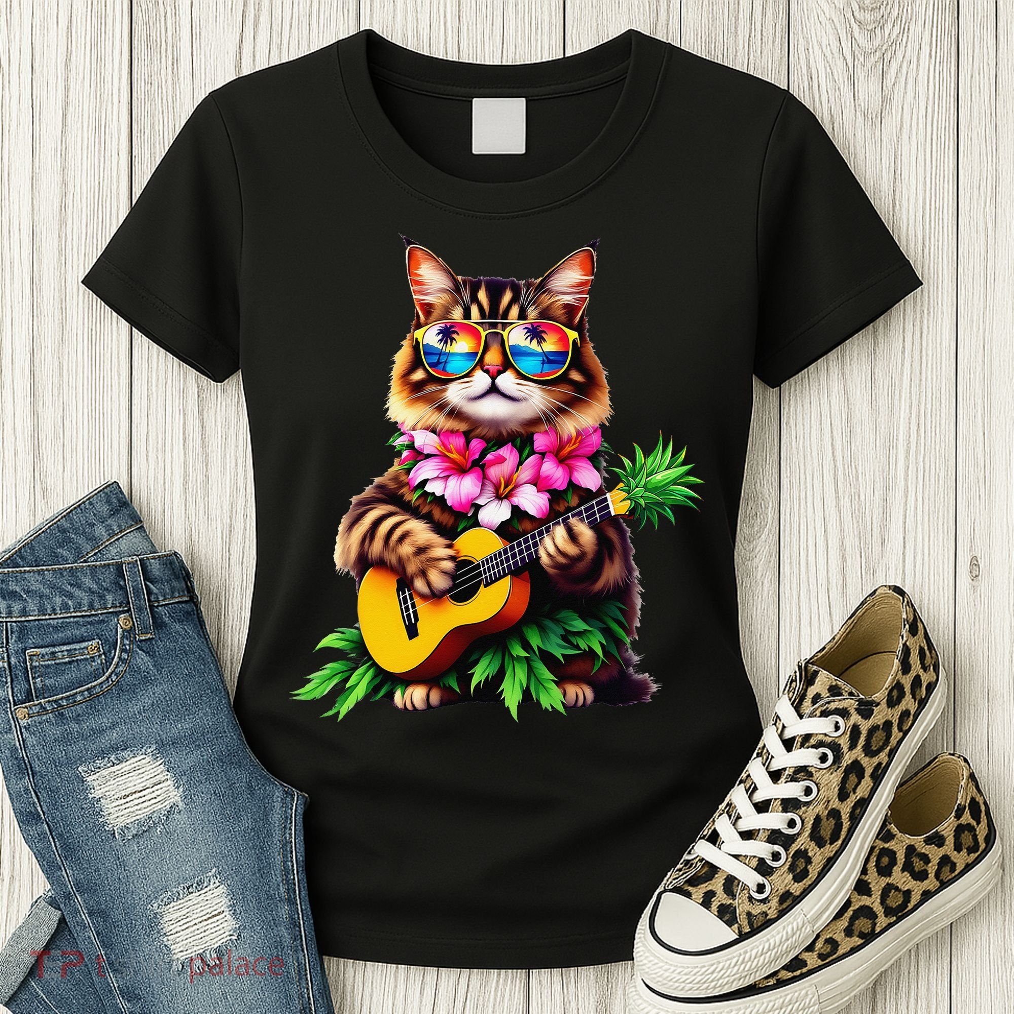 Hawaiian Maine Coon Cat Pineapple Ukulele Summer Vacation Women's T-Shirt