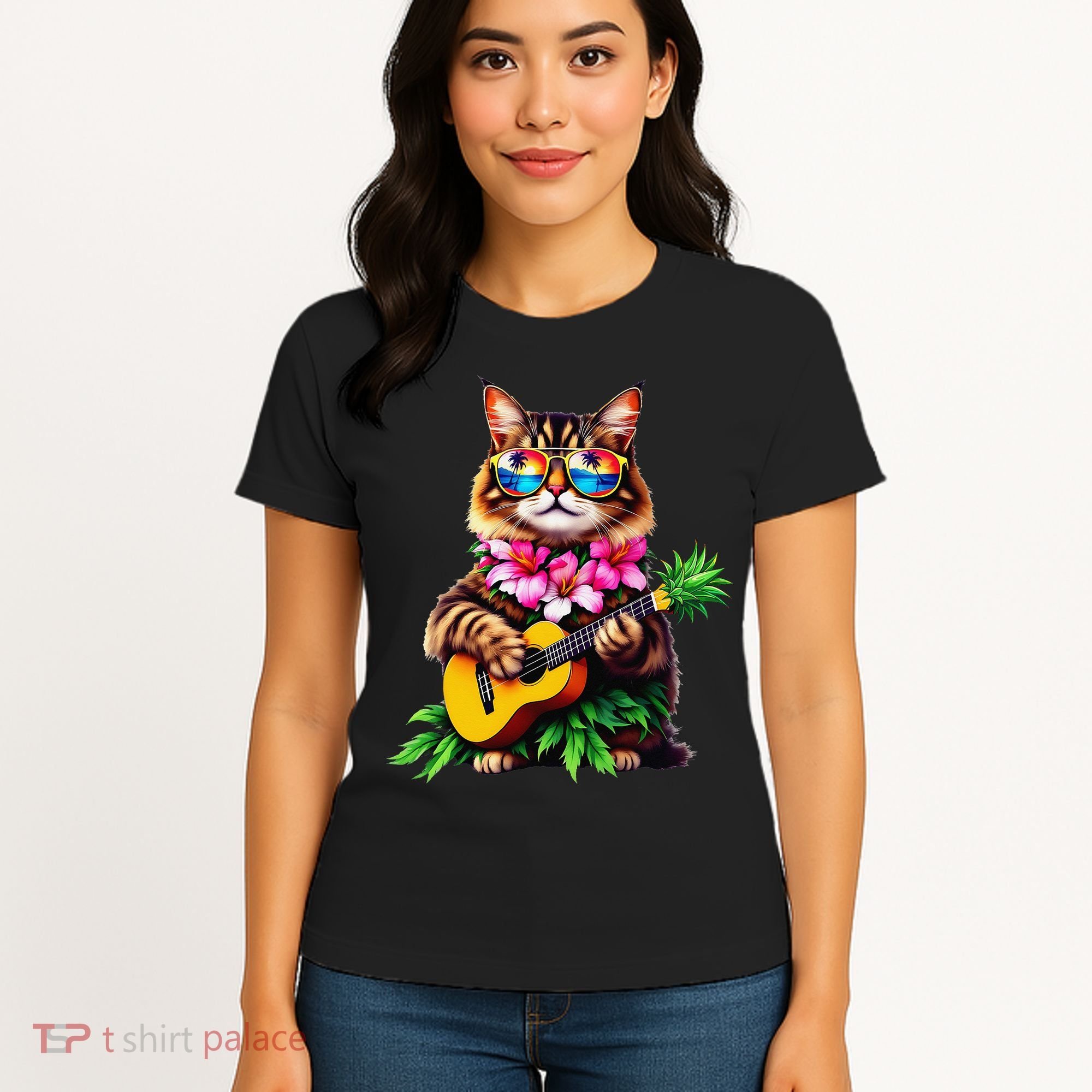 Hawaiian Maine Coon Cat Pineapple Ukulele Summer Vacation Women's T-Shirt