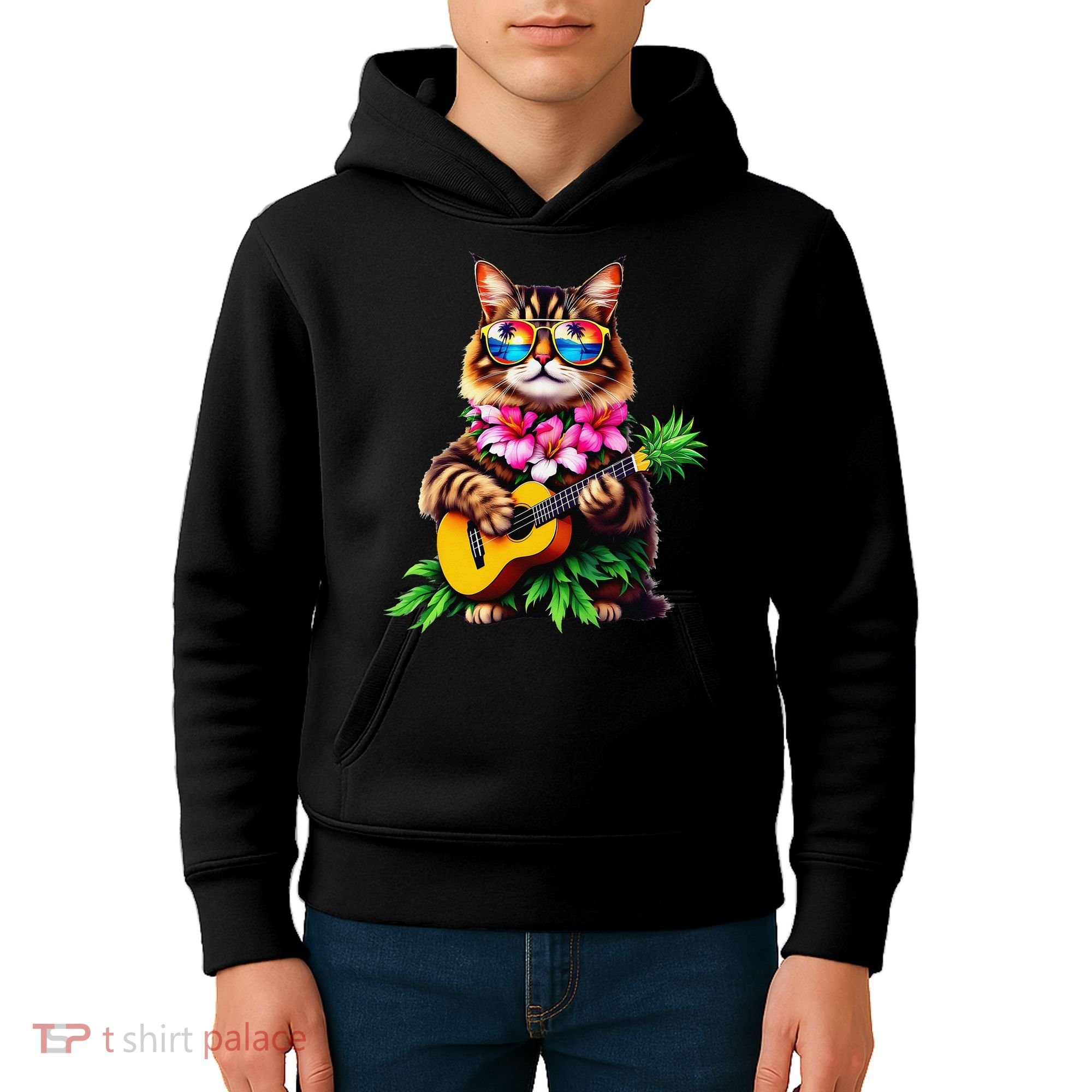 Hawaiian Maine Coon Cat Pineapple Ukulele Summer Vacation Kids Hoodie