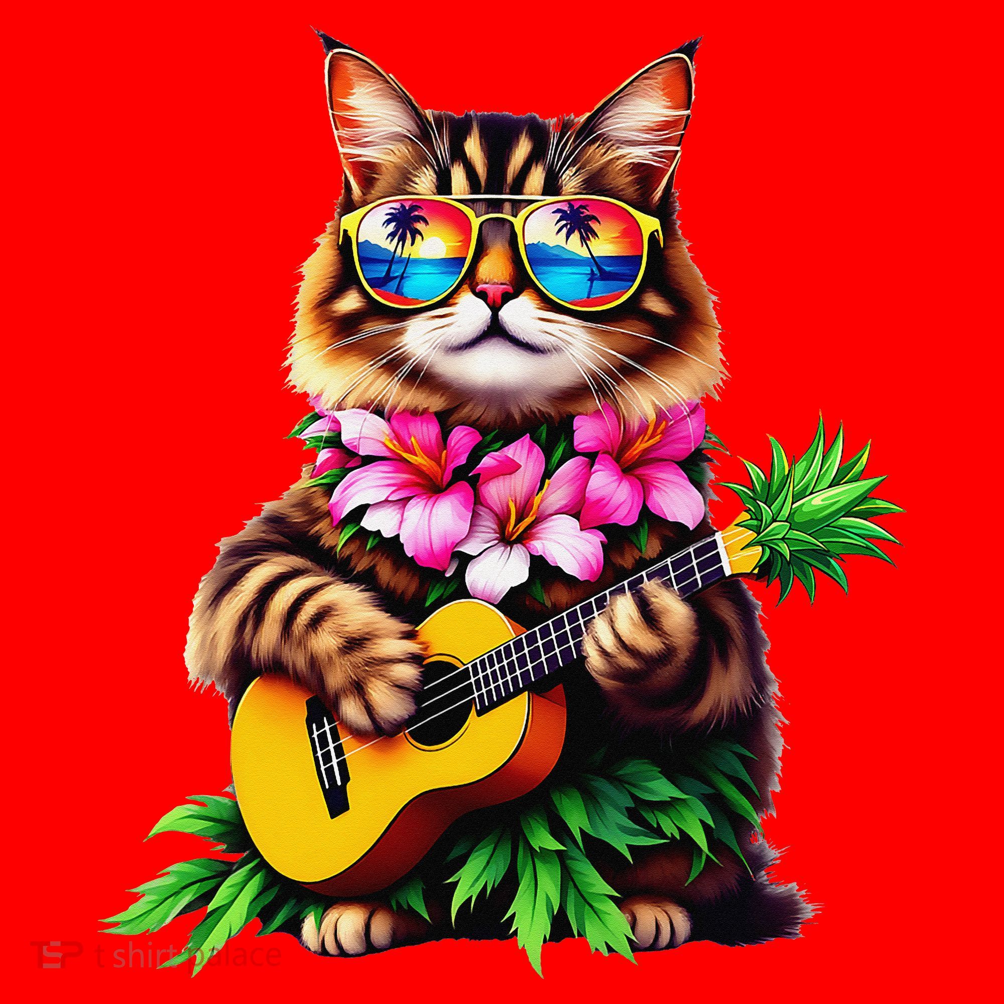 Hawaiian Maine Coon Cat Pineapple Ukulele Summer Vacation Santa Hat