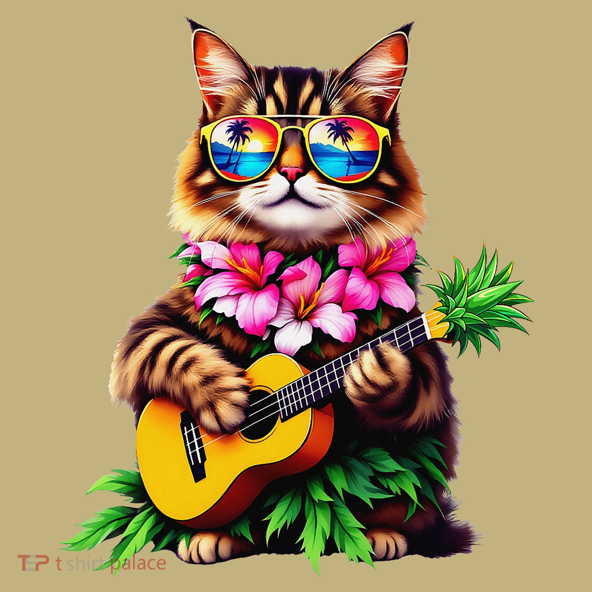 Hawaiian Maine Coon Cat Pineapple Ukulele Summer Vacation Button