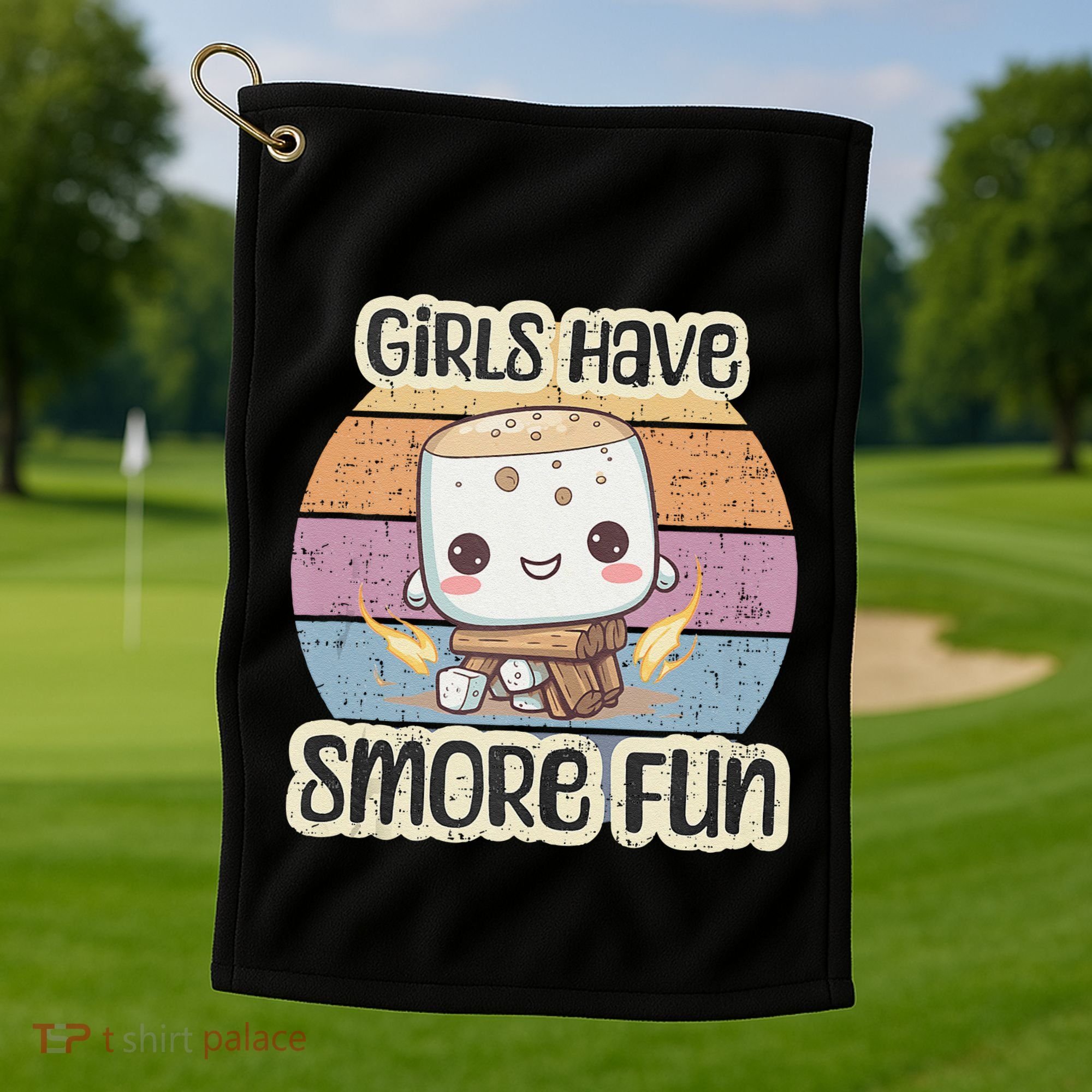 Happy Marshmallow Camper Cute Girl Have Smore Fun Camping Golf Towel