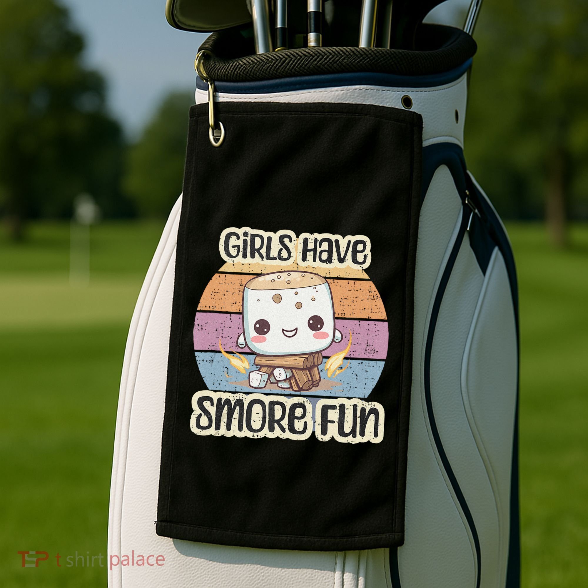 Happy Marshmallow Camper Cute Girl Have Smore Fun Camping Golf Towel