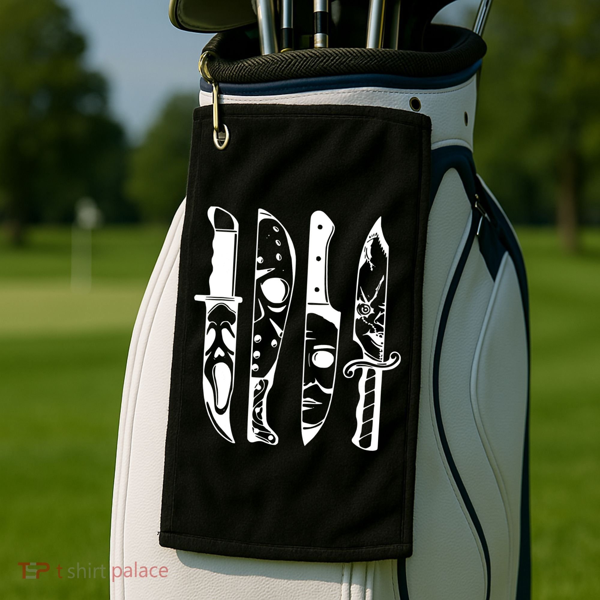 Horror Movie Characters In Knives Halloween Golf Towel