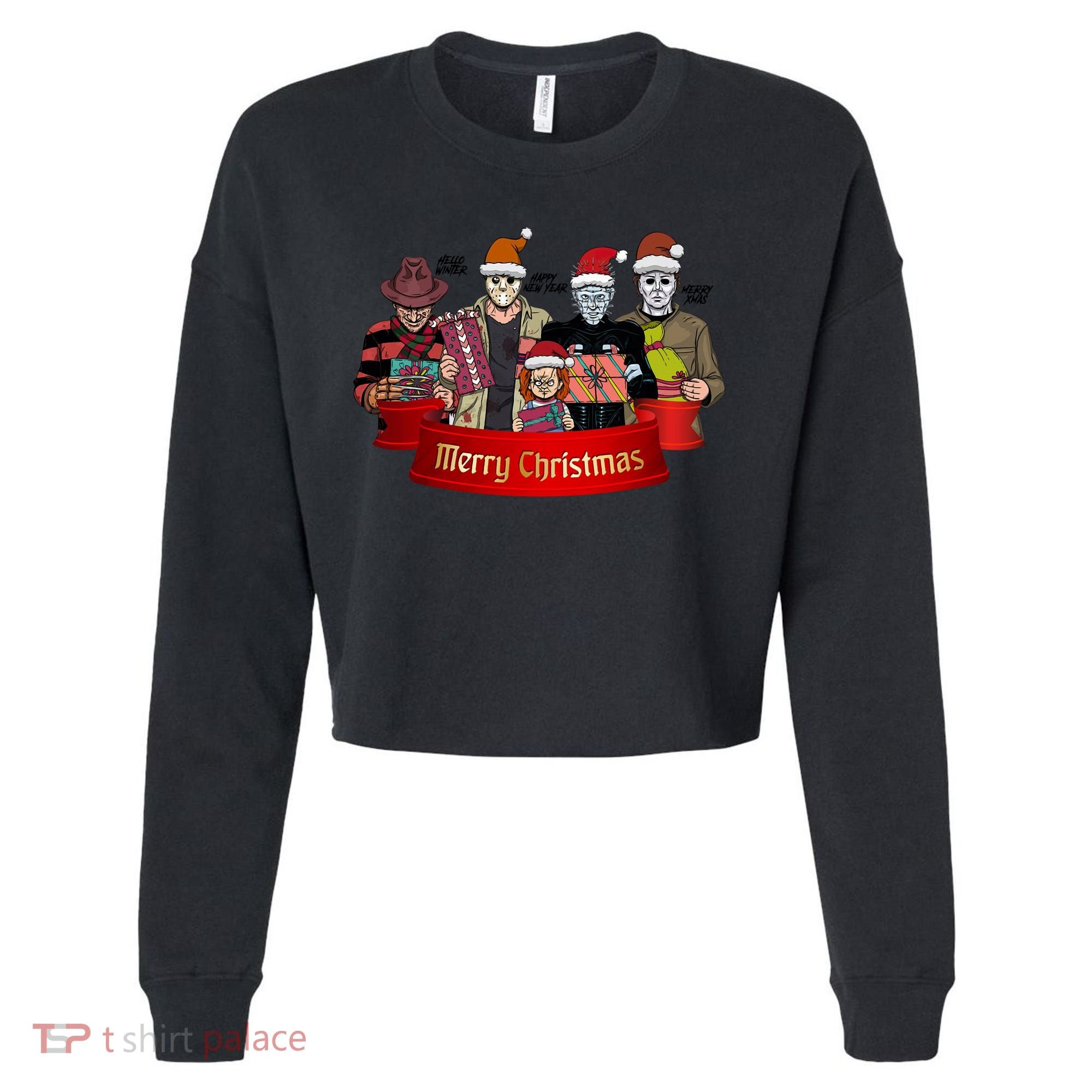 Horror Merry Christmas Halloween Friends Funny Costume Cropped Pullover Crew