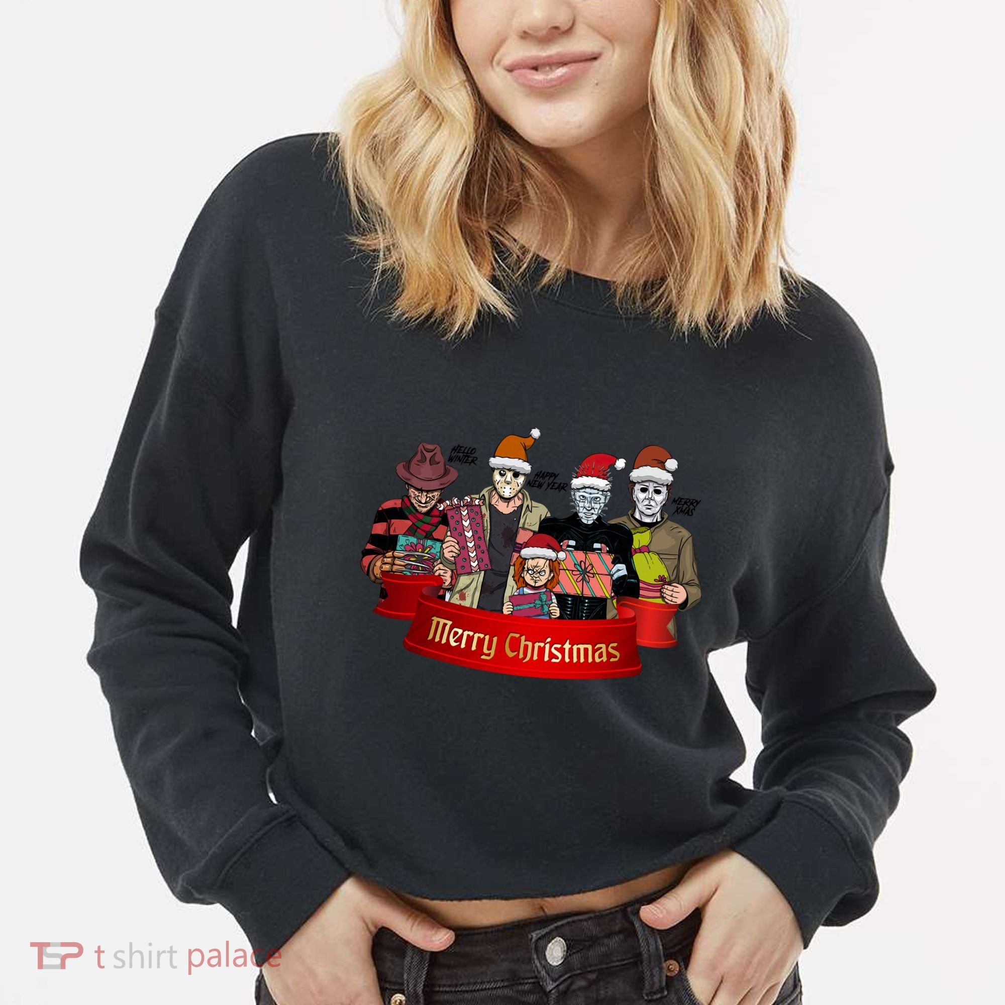 Horror Merry Christmas Halloween Friends Funny Costume Cropped Pullover Crew
