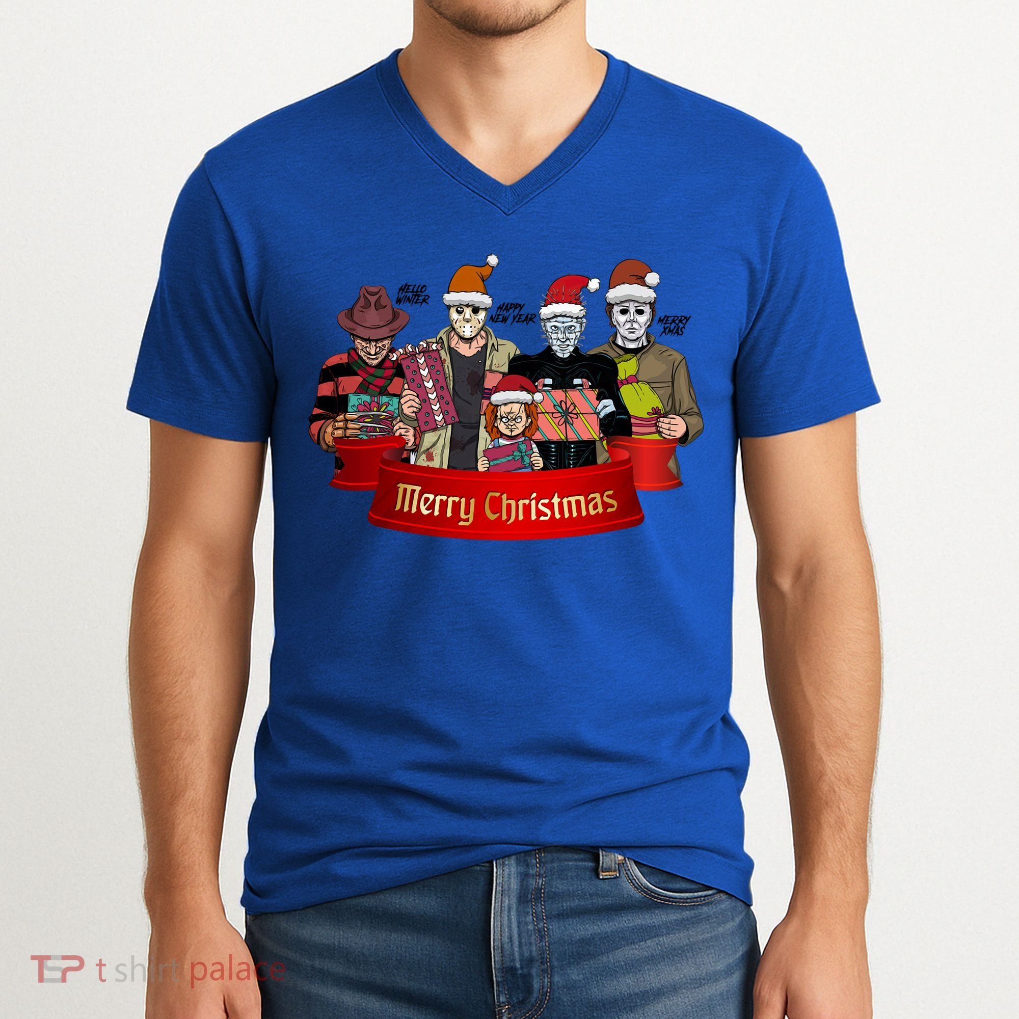 Horror Merry Christmas Halloween Friends Funny Costume V-Neck T-Shirt