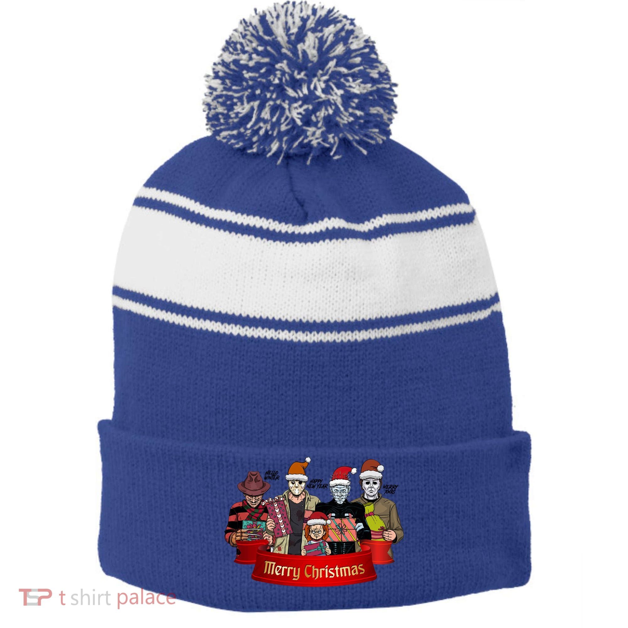 Horror Merry Christmas Halloween Friends Funny Costume Stripe Pom Pom Beanie