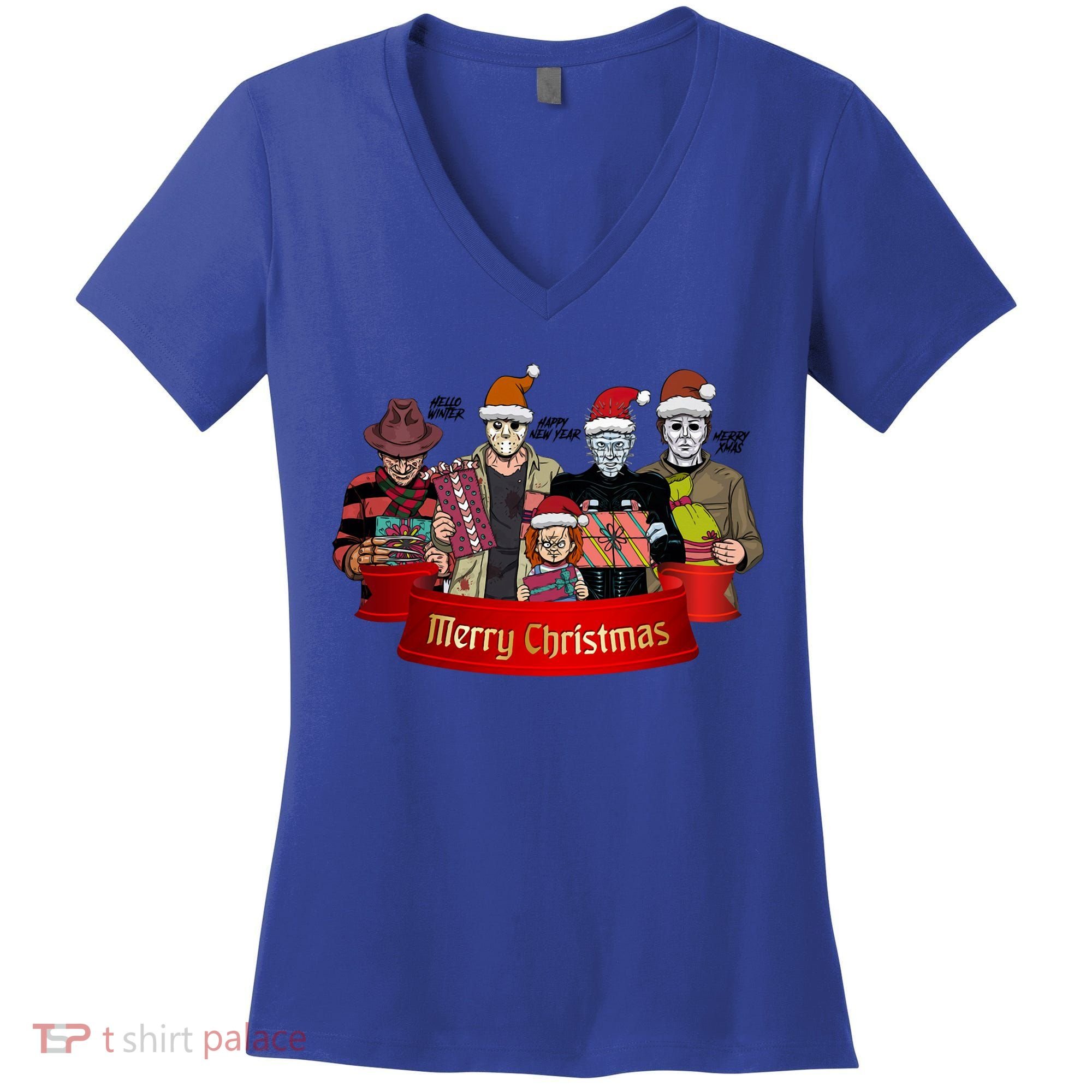 Horror Merry Christmas Halloween Friends Funny Costume Women's V-Neck T-Shirt