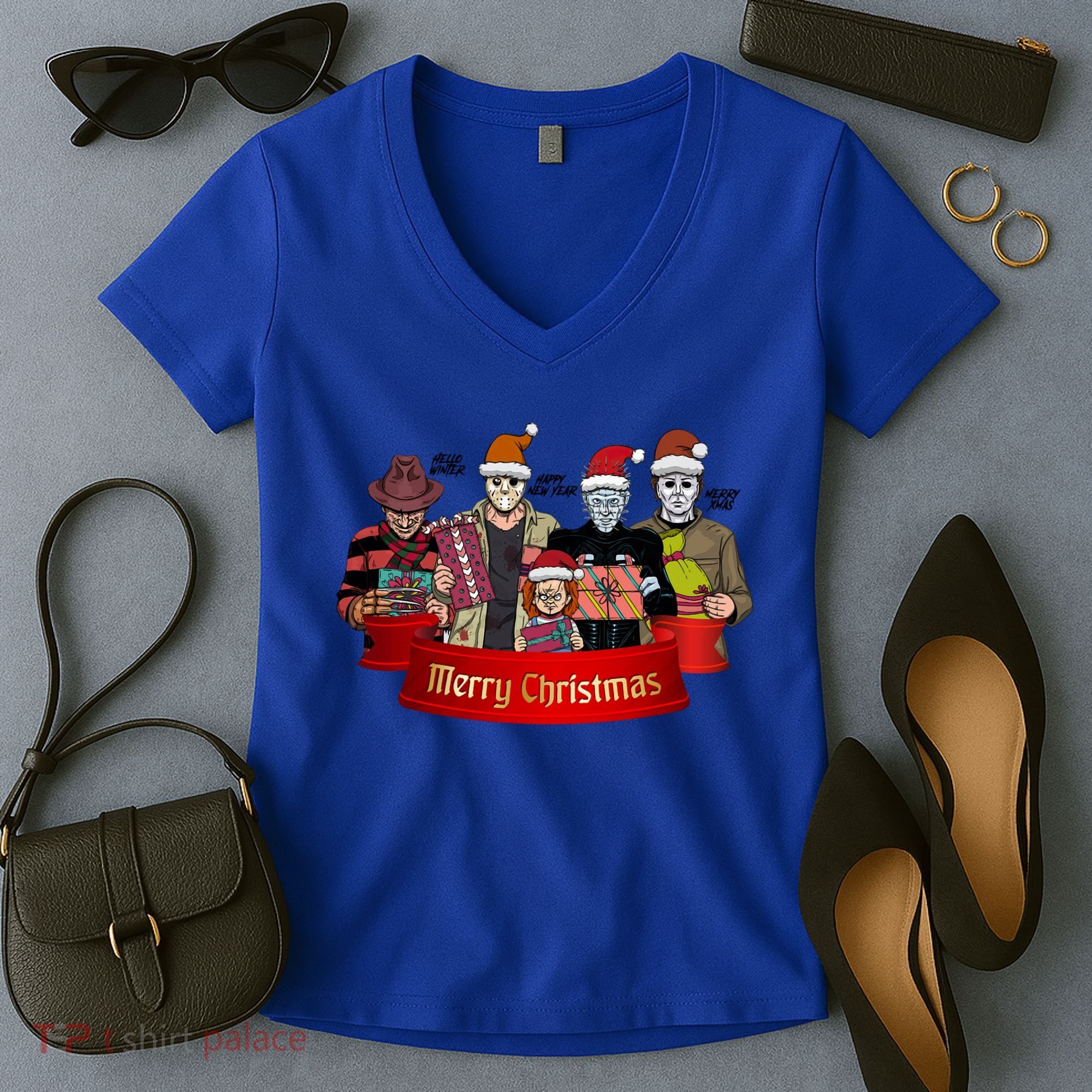 Horror Merry Christmas Halloween Friends Funny Costume Women's V-Neck T-Shirt